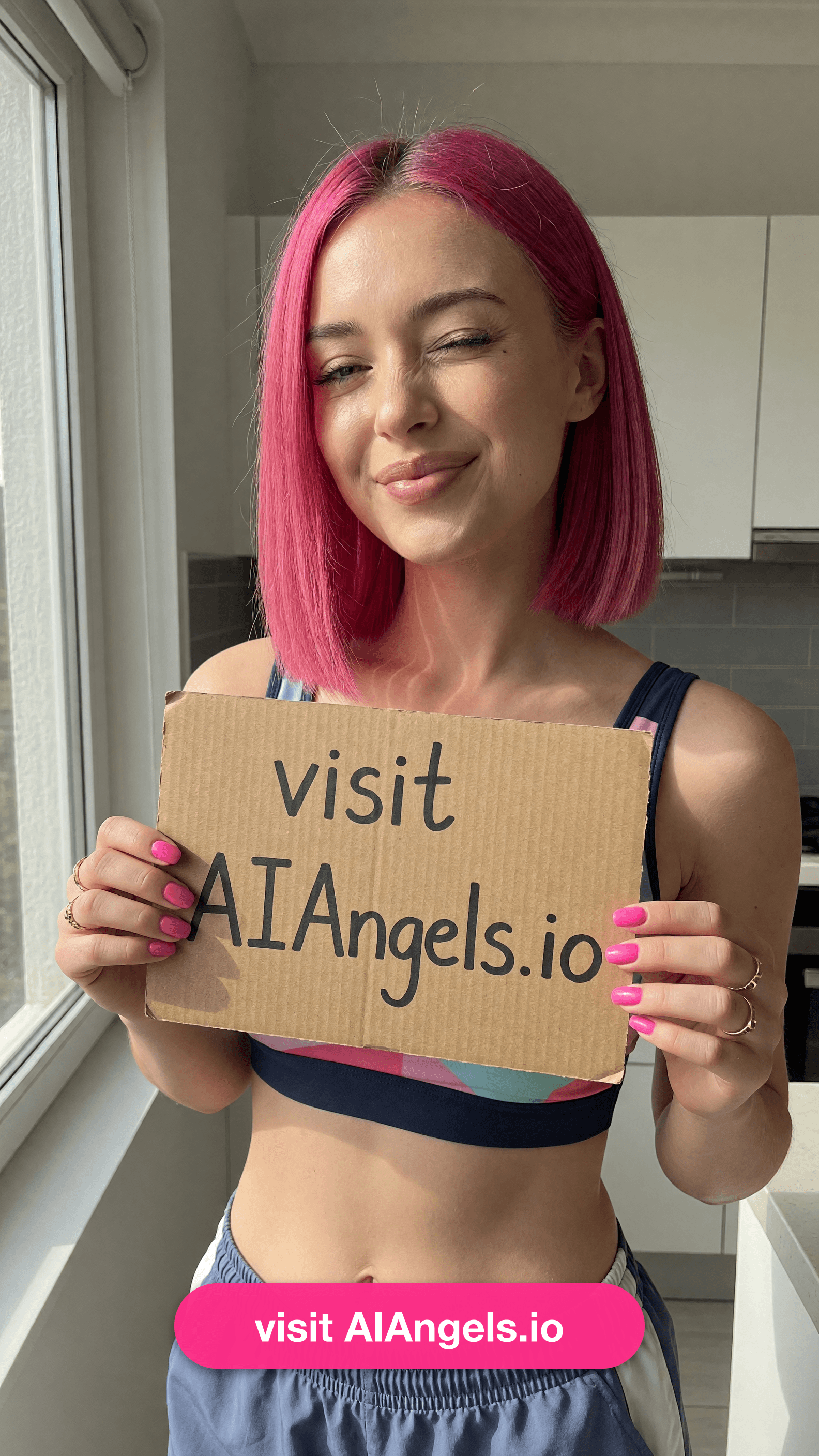 Kitchen selfie holding sign