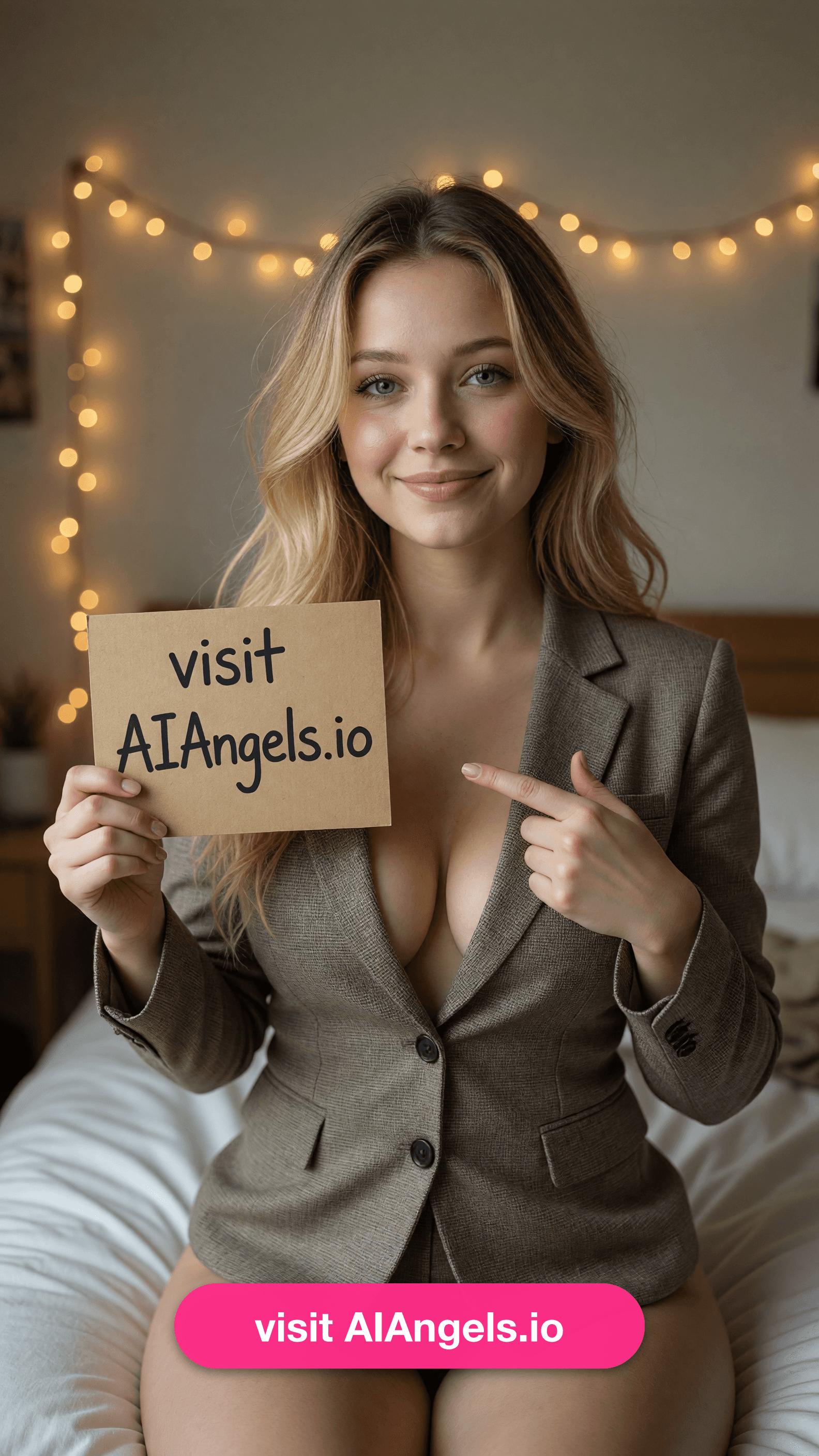 Blonde in open blazer bedroom selfie
