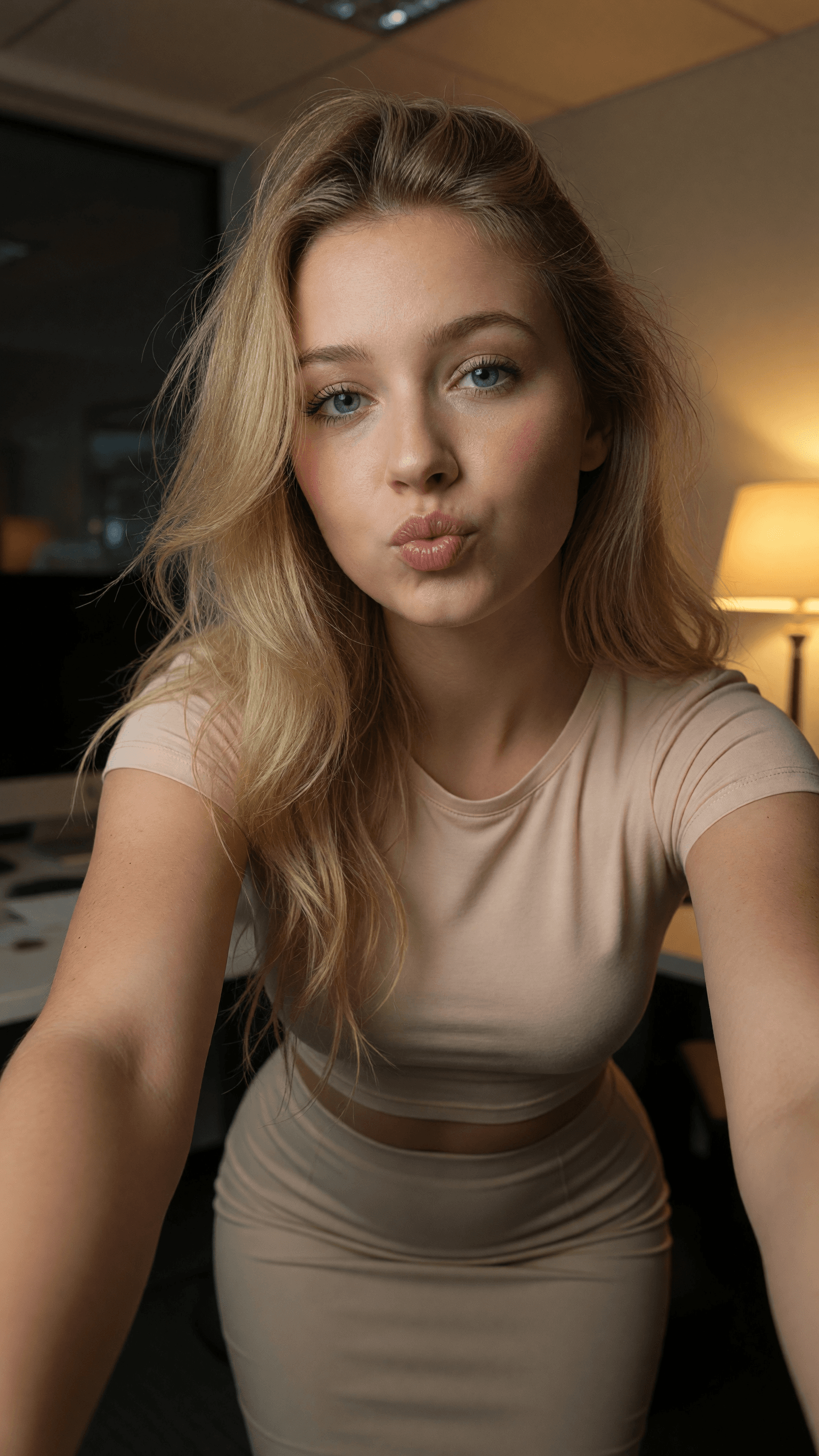 College blonde office pout selfie