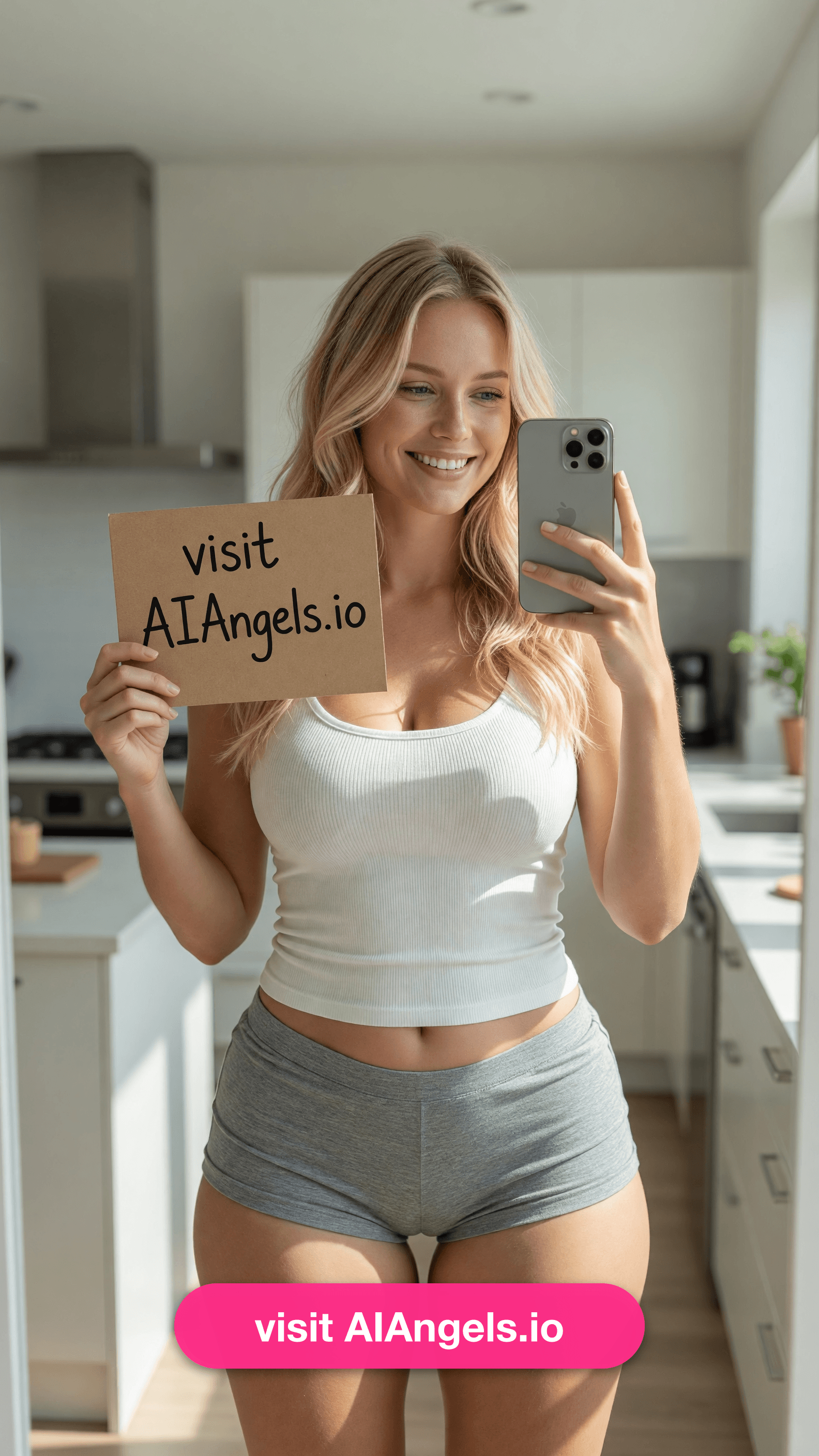 Gracie holds a handwritten sign in her sunlit kitchen