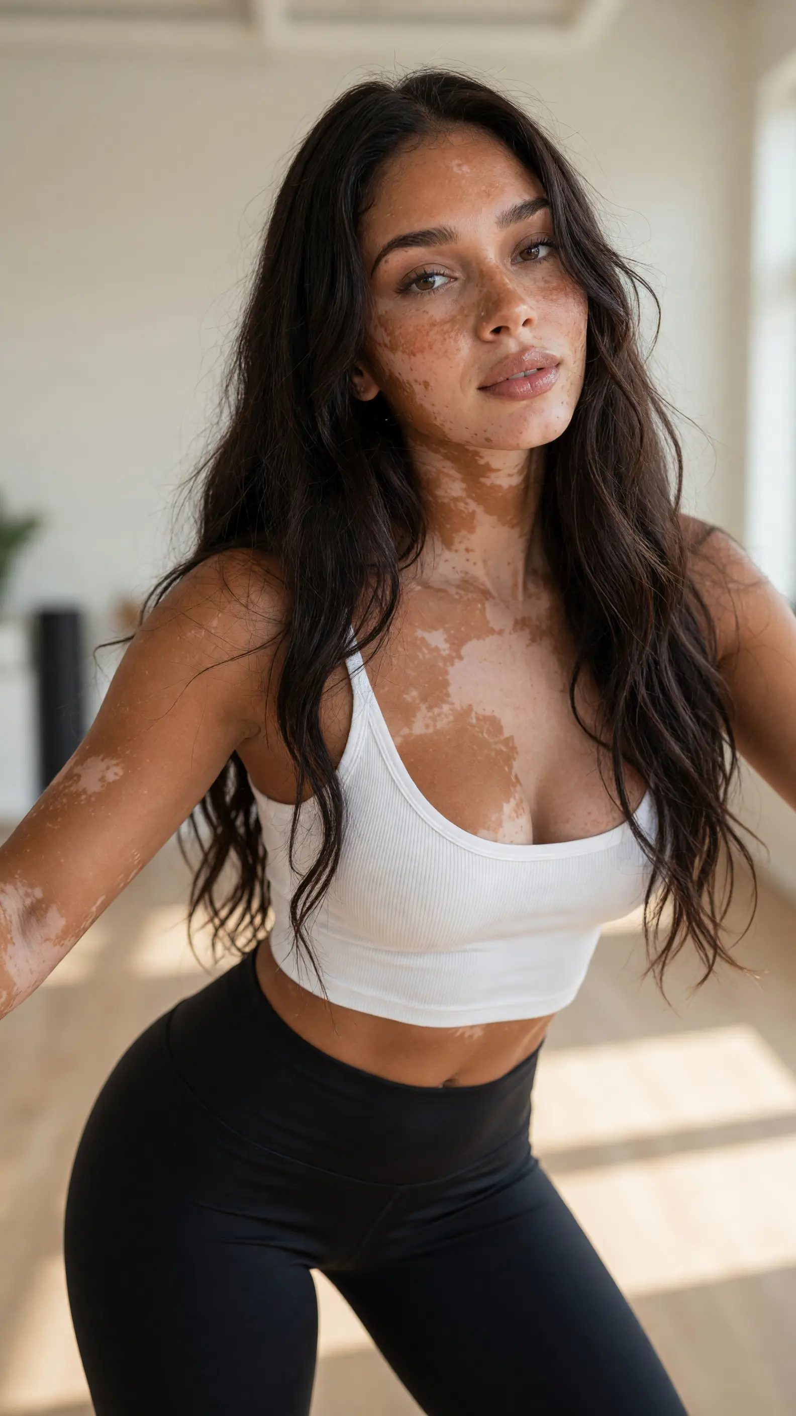 Brunette in crop top and leggings yoga studio glance