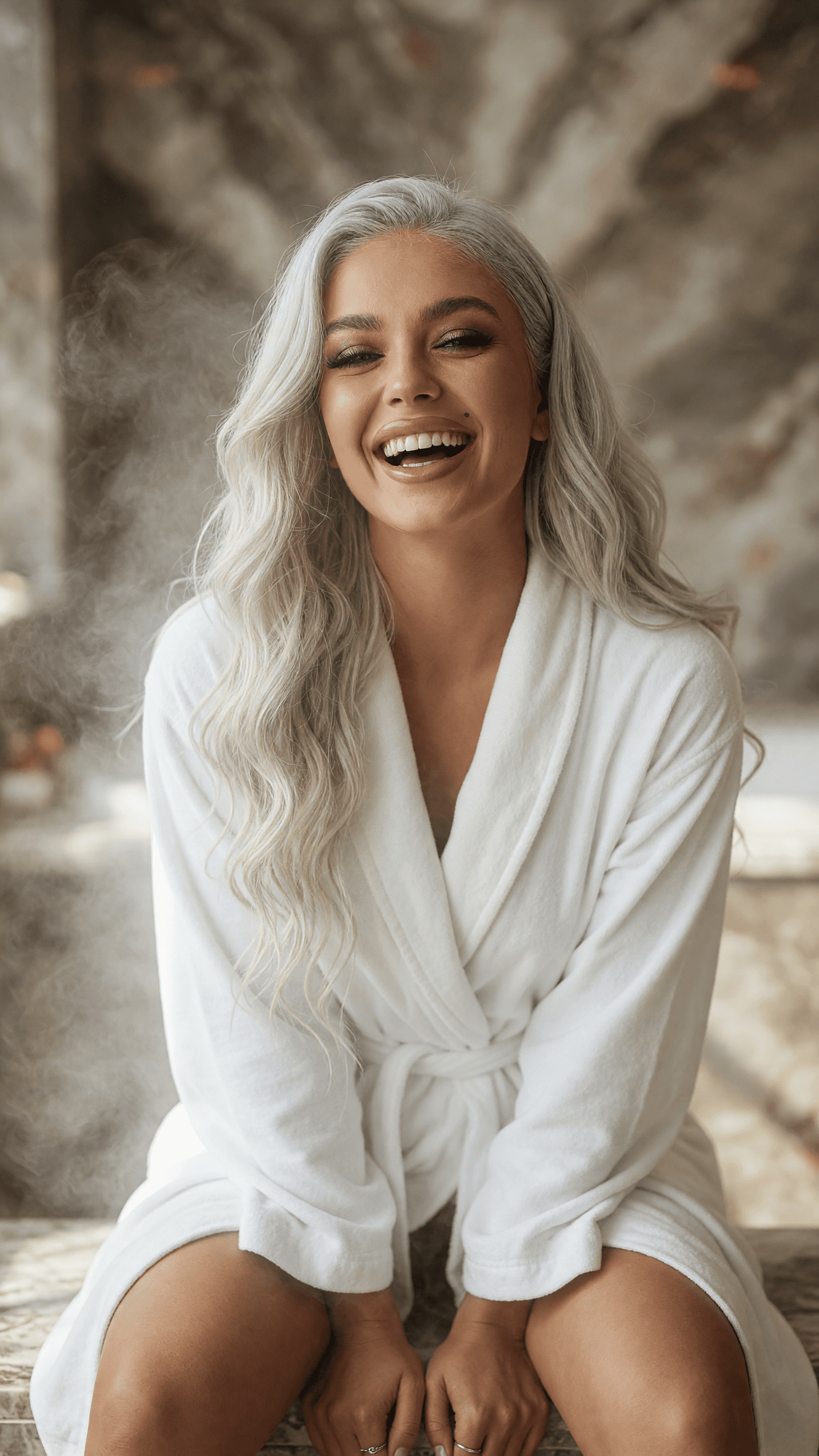 Young adult laughing in robe