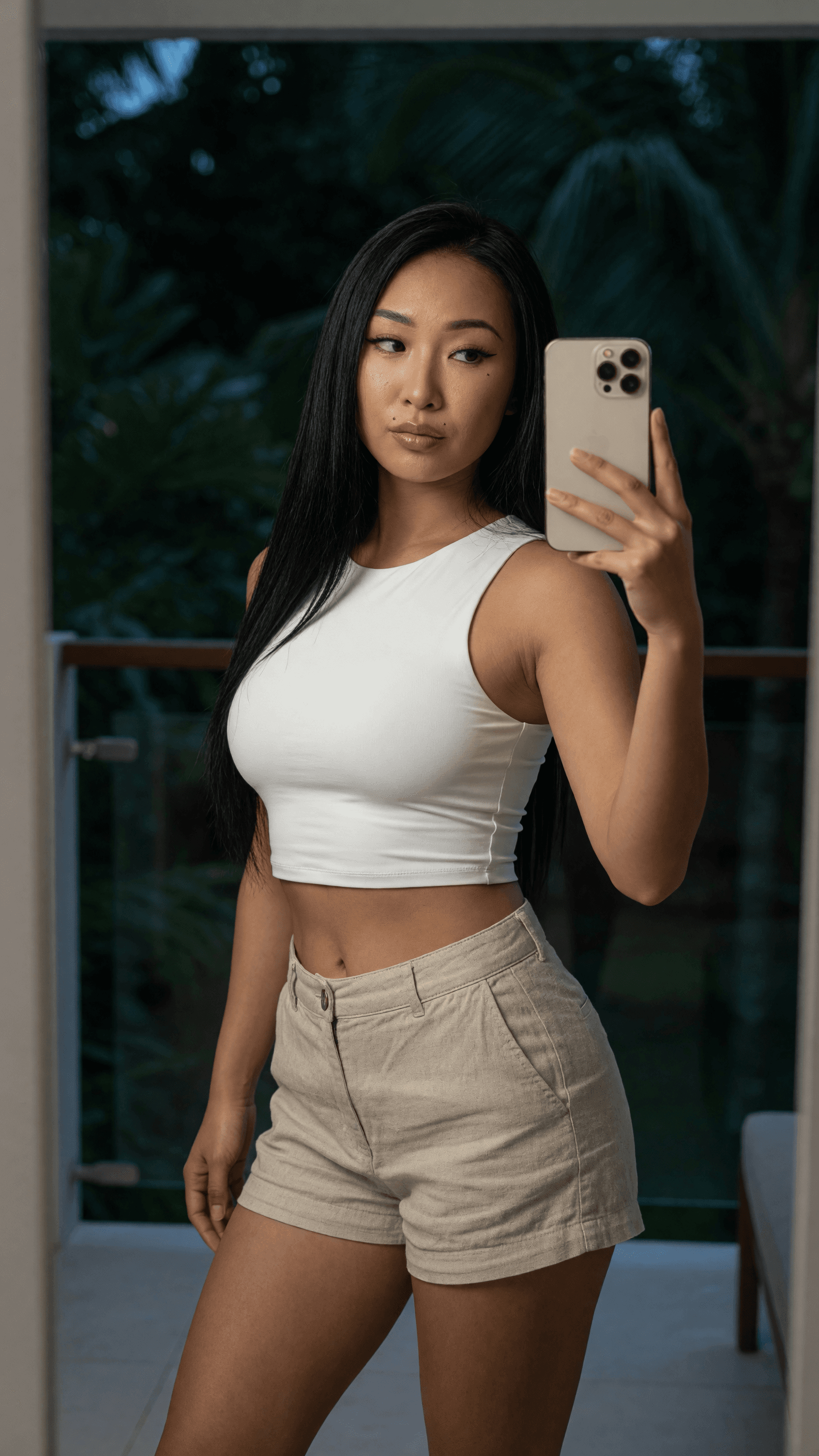 Asian brunette crop top mirror selfie