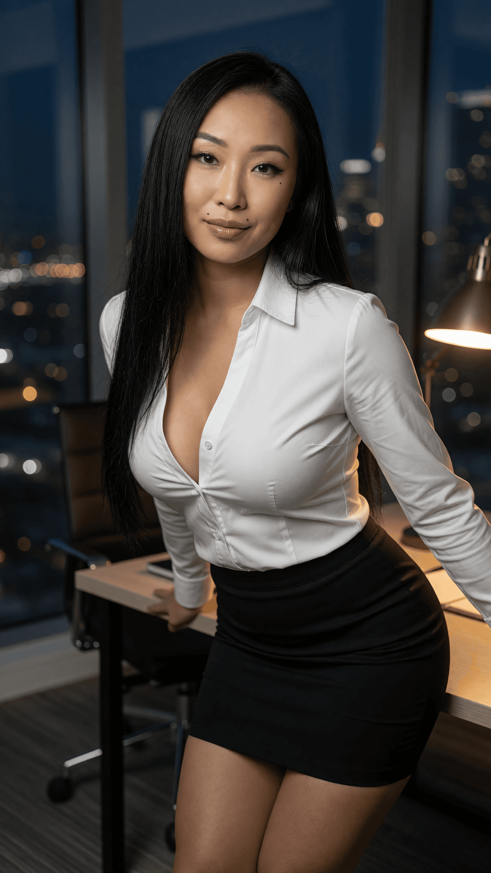 Asian curvy babe leaning over office desk at night