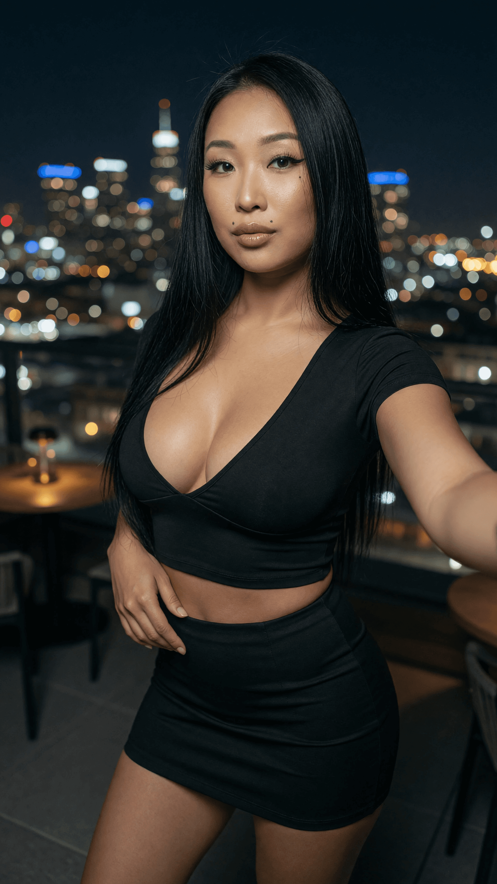 Asian curvy babe in crop top and micro skirt rooftop selfie