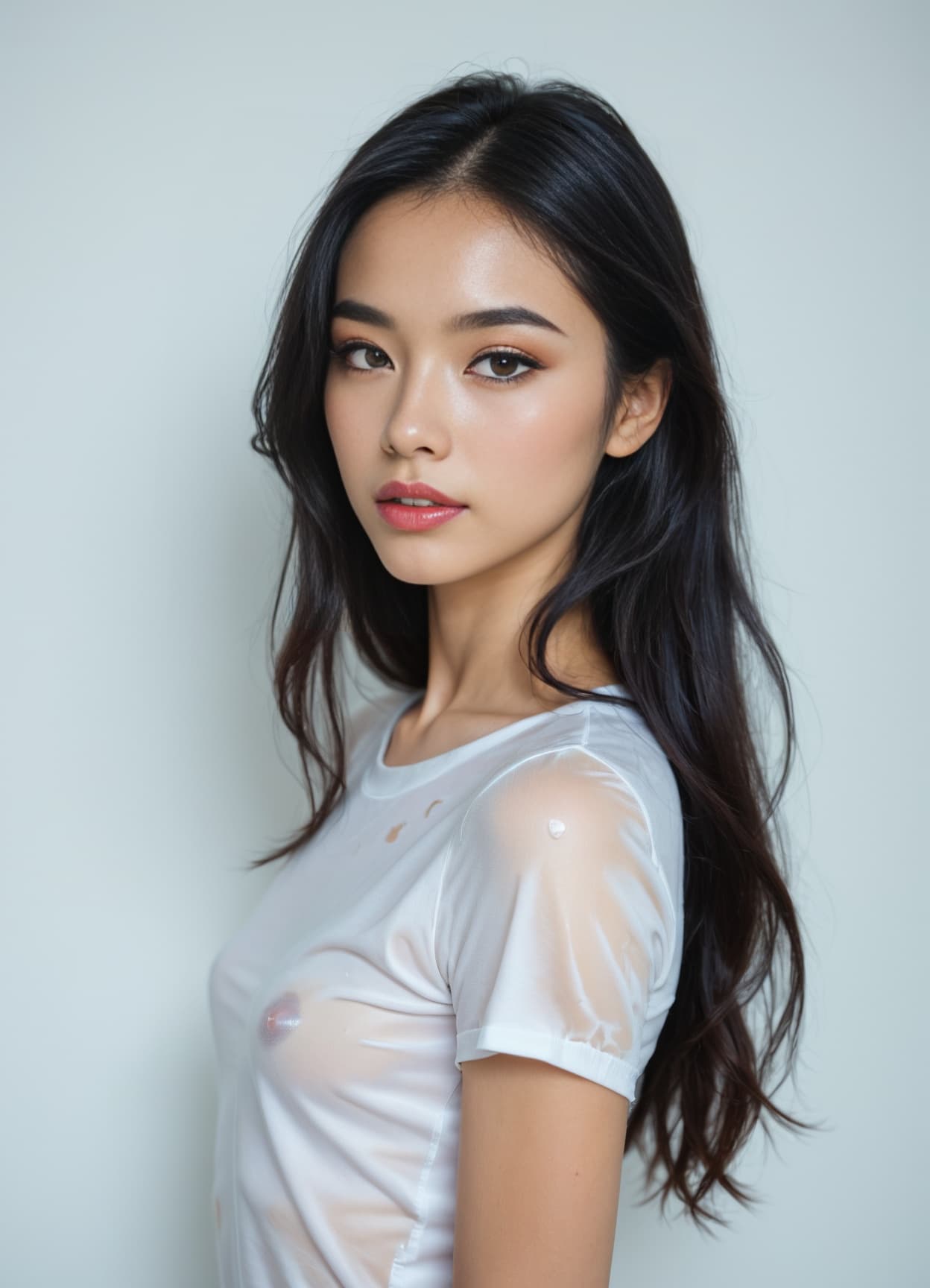 College age Asian in wet shirt