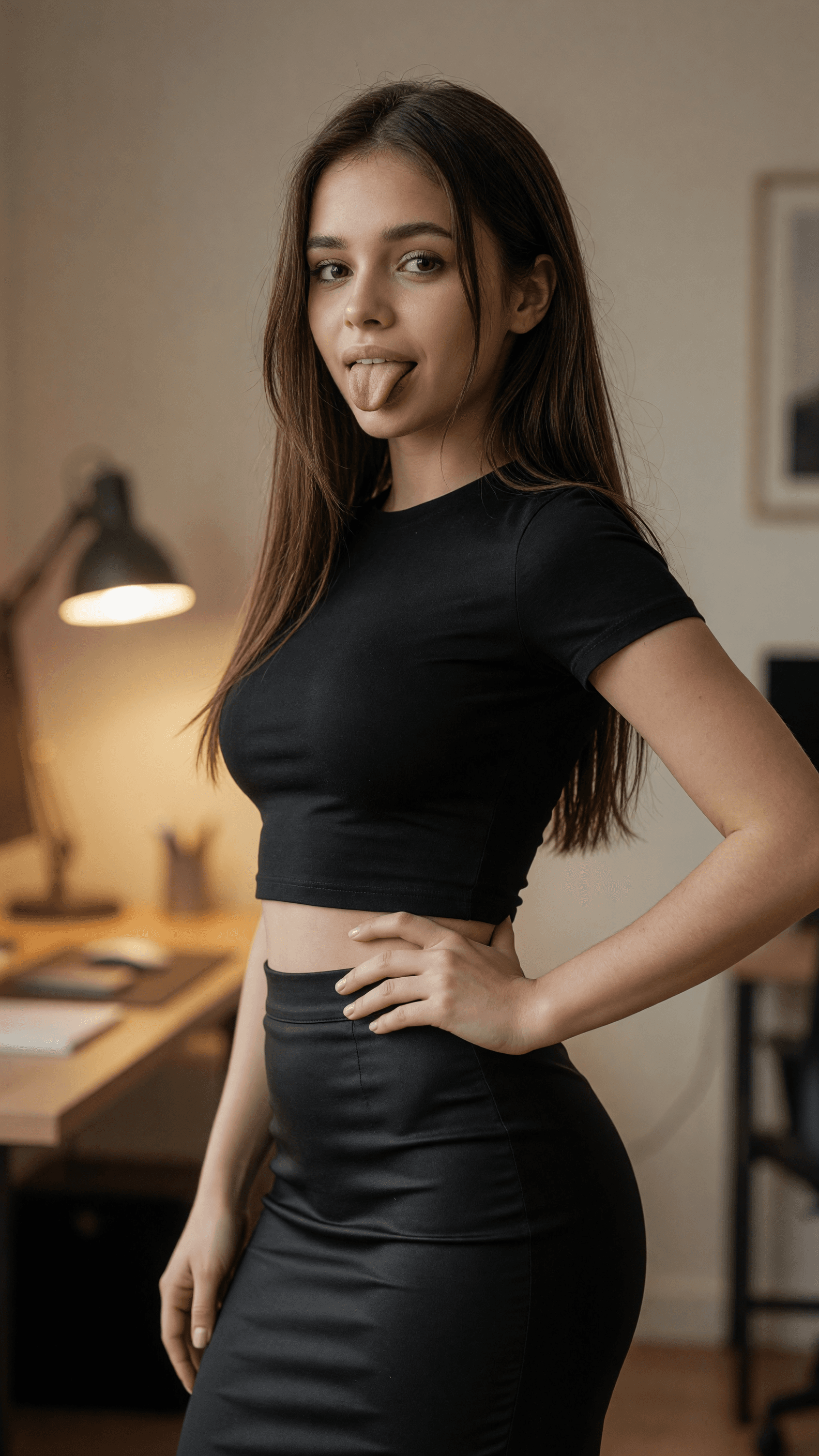 Office crop top and pencil skirt over-the-shoulder glance