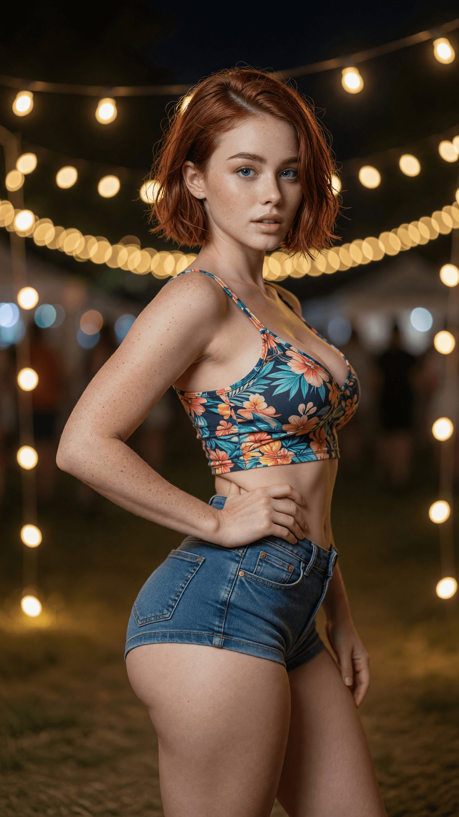 Redhead in crop top looks back at festival