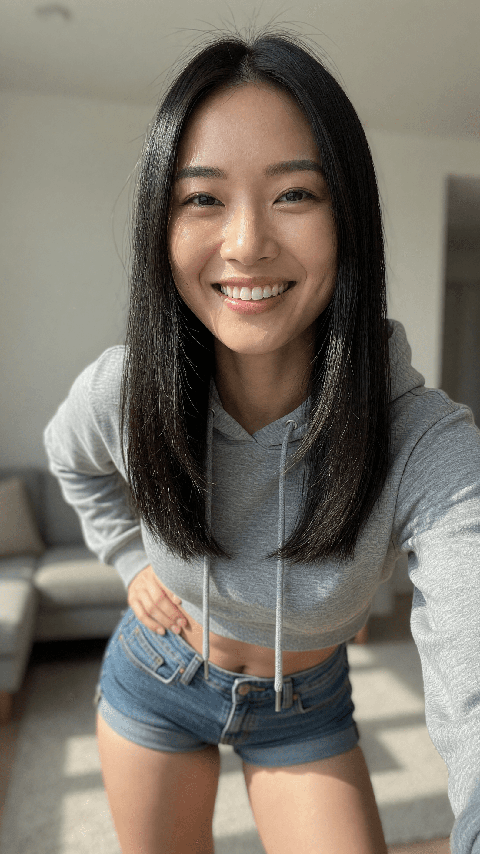 Raven hair beauty brown eyes cropped hoodie selfie