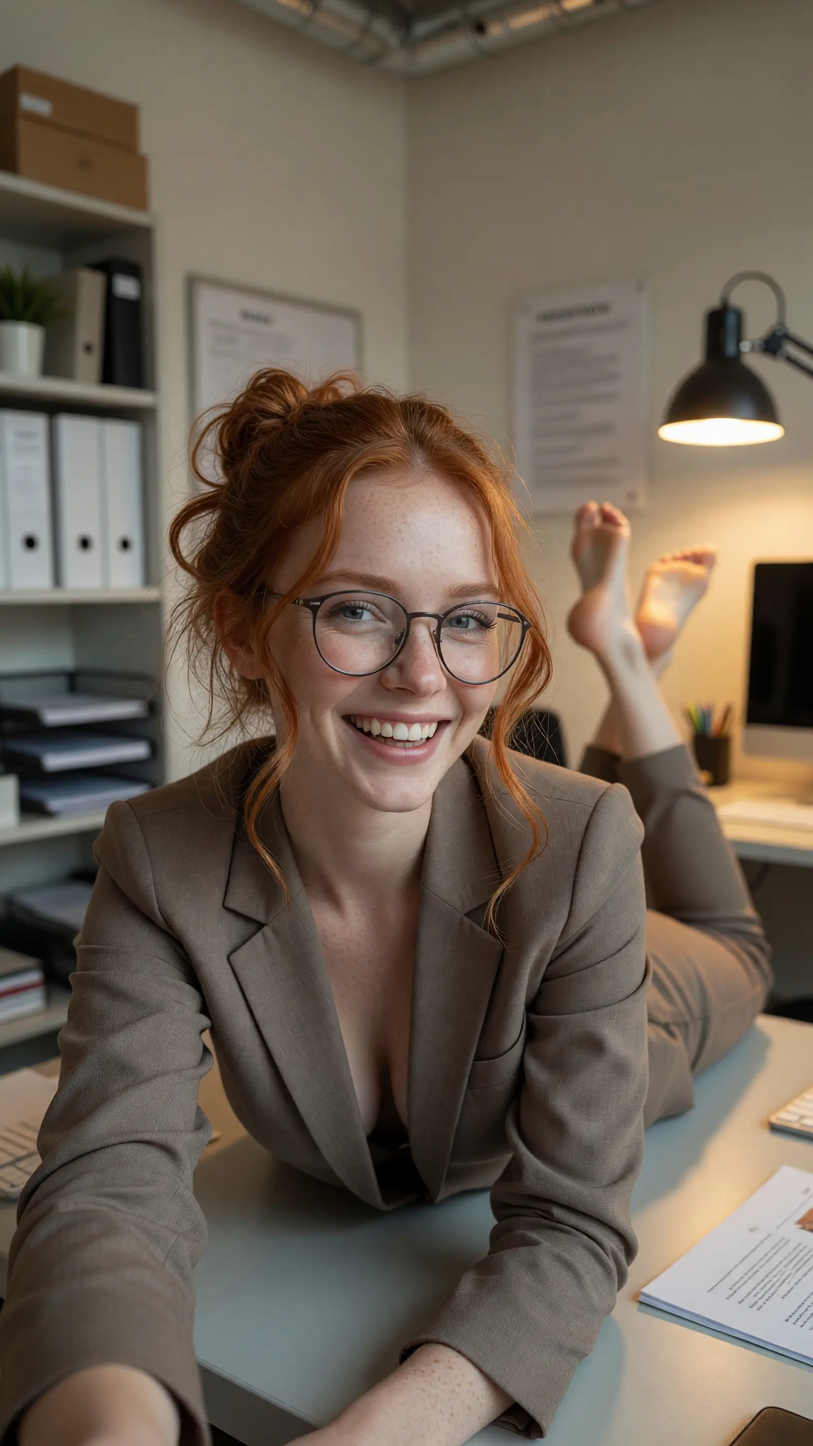 Redhead in blazer lying on office desk selfie