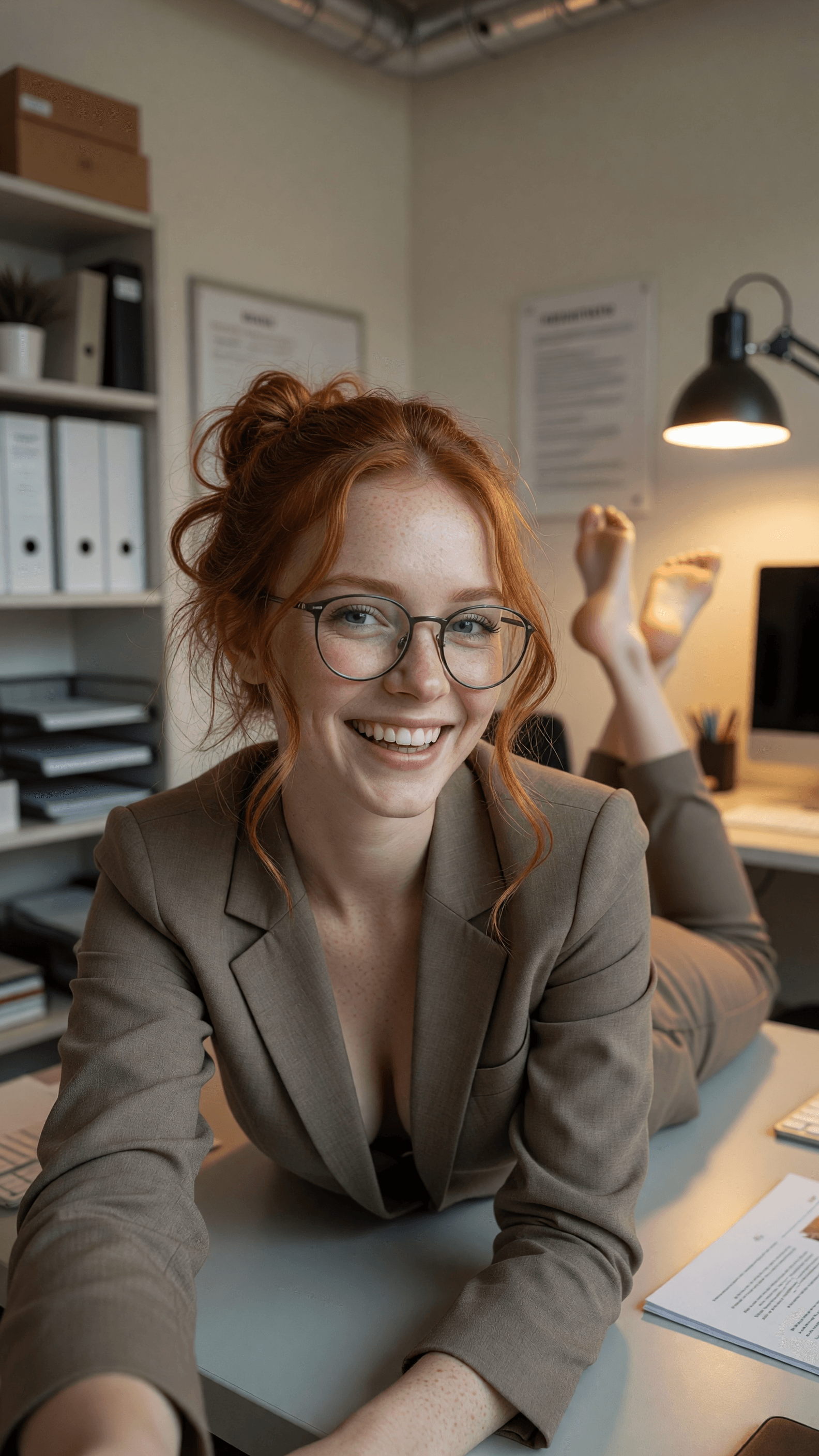 Redhead in blazer lying on office desk selfie