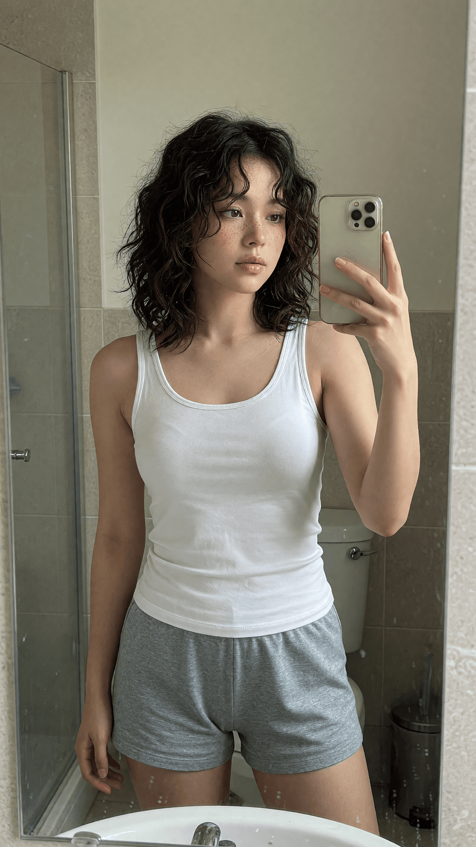 Slim Asian brunette mirror selfie in tank top