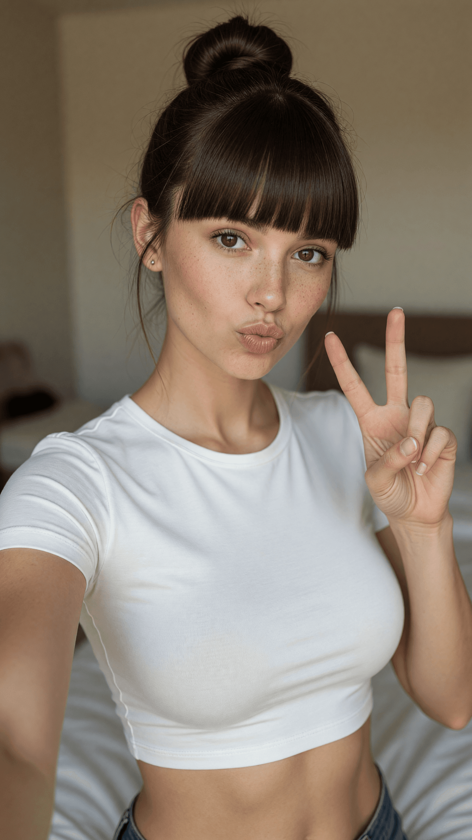 Mckenna Blows a Kiss in a White Crop Tee Selfie