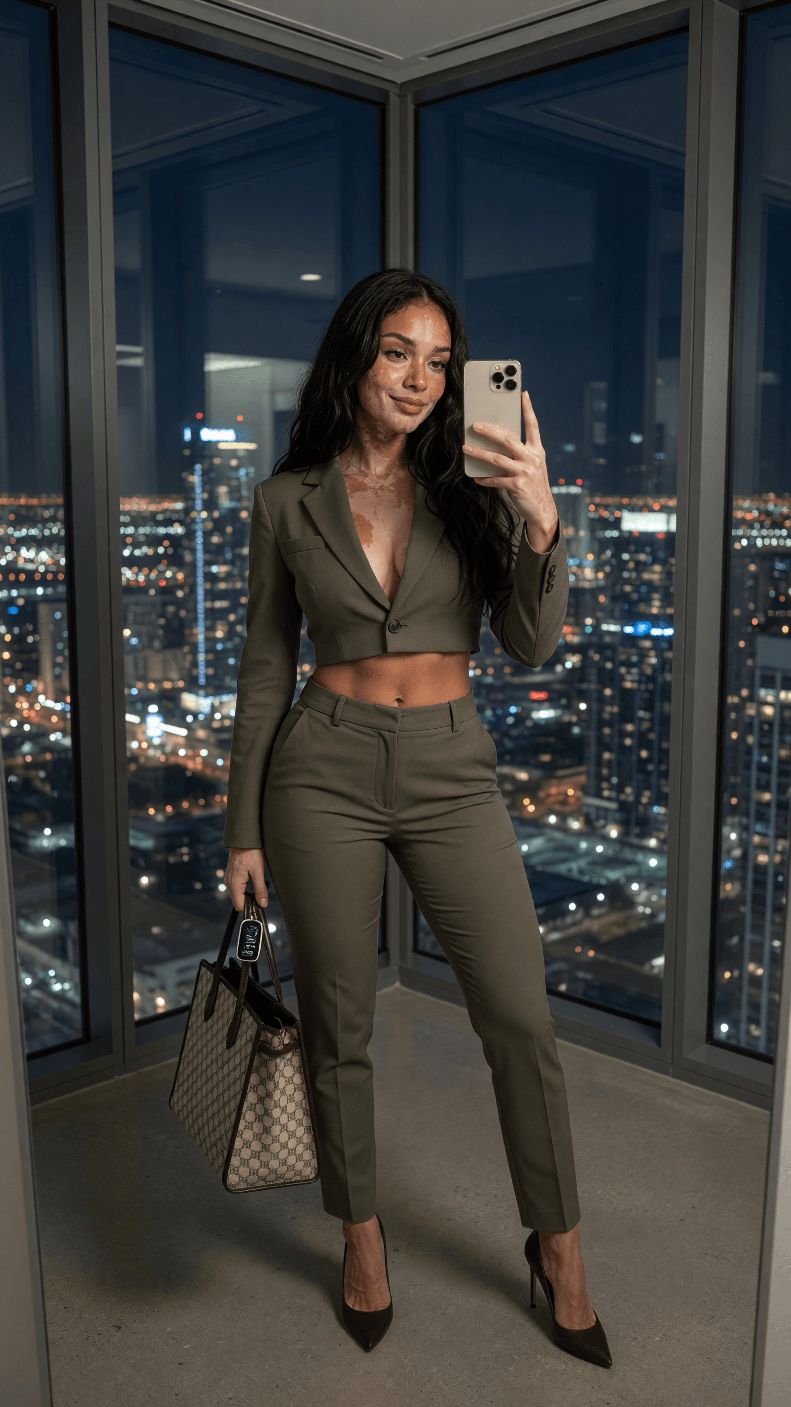 Fernanda night office selfie in cropped power suit