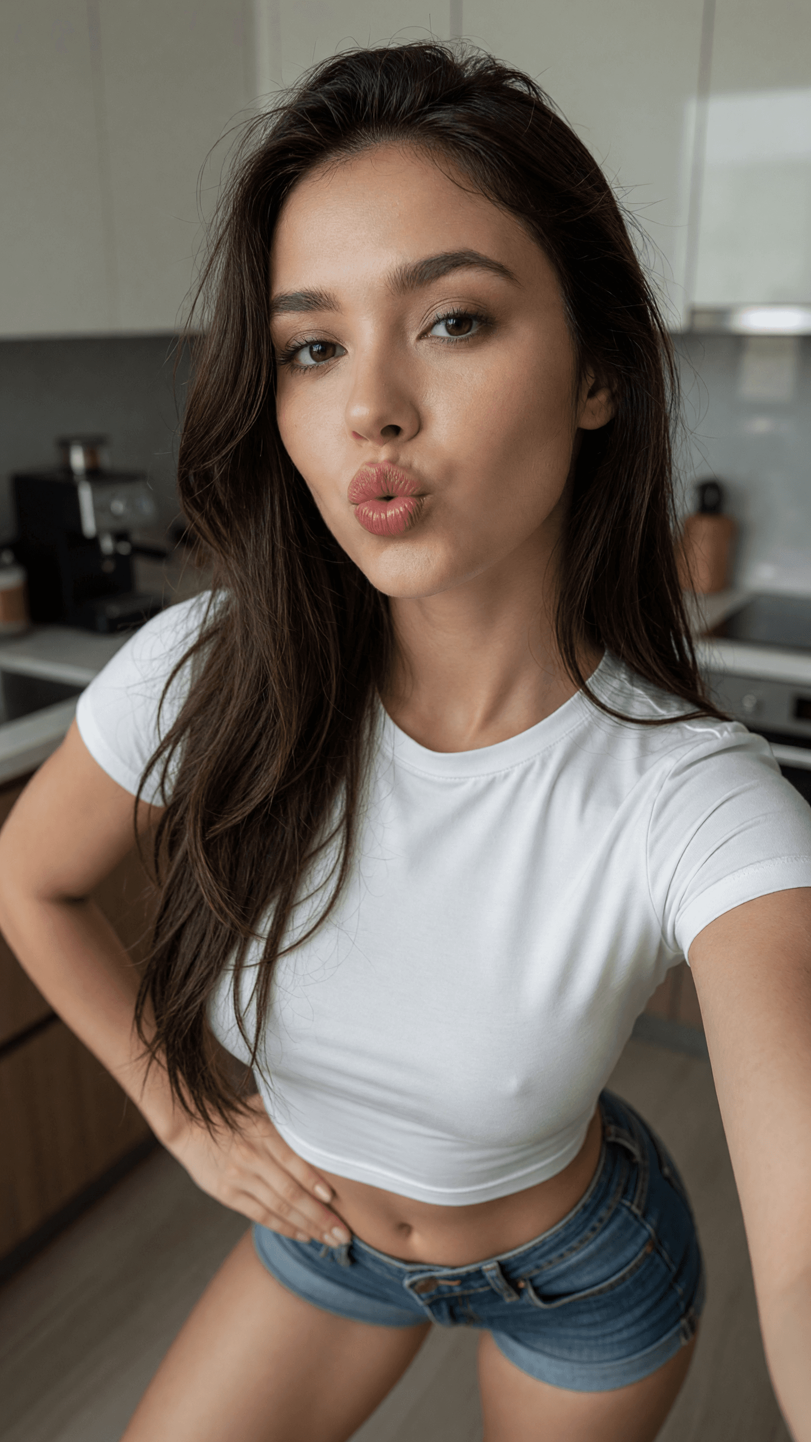 Slim brunette crop top kitchen selfie