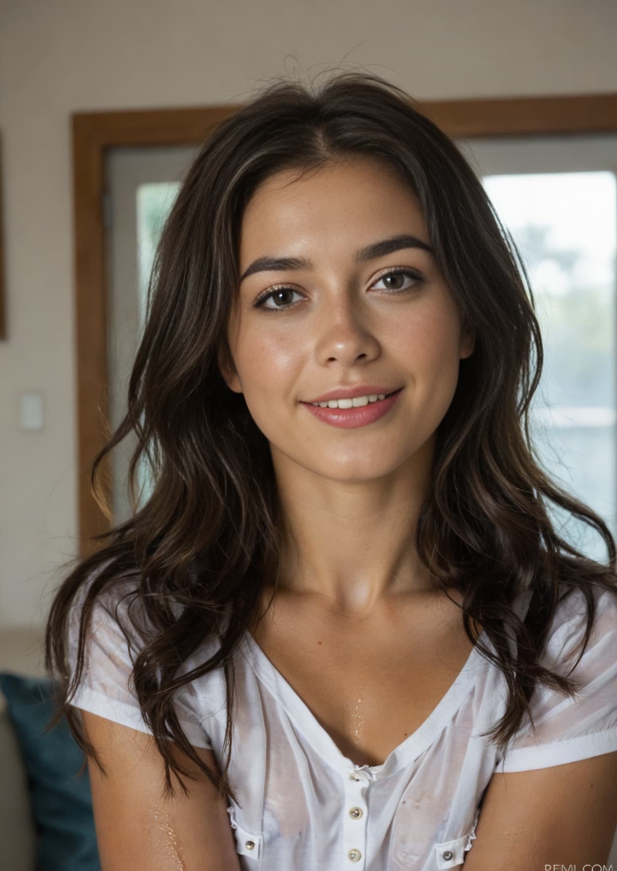 Wet sheer top close-up smile
