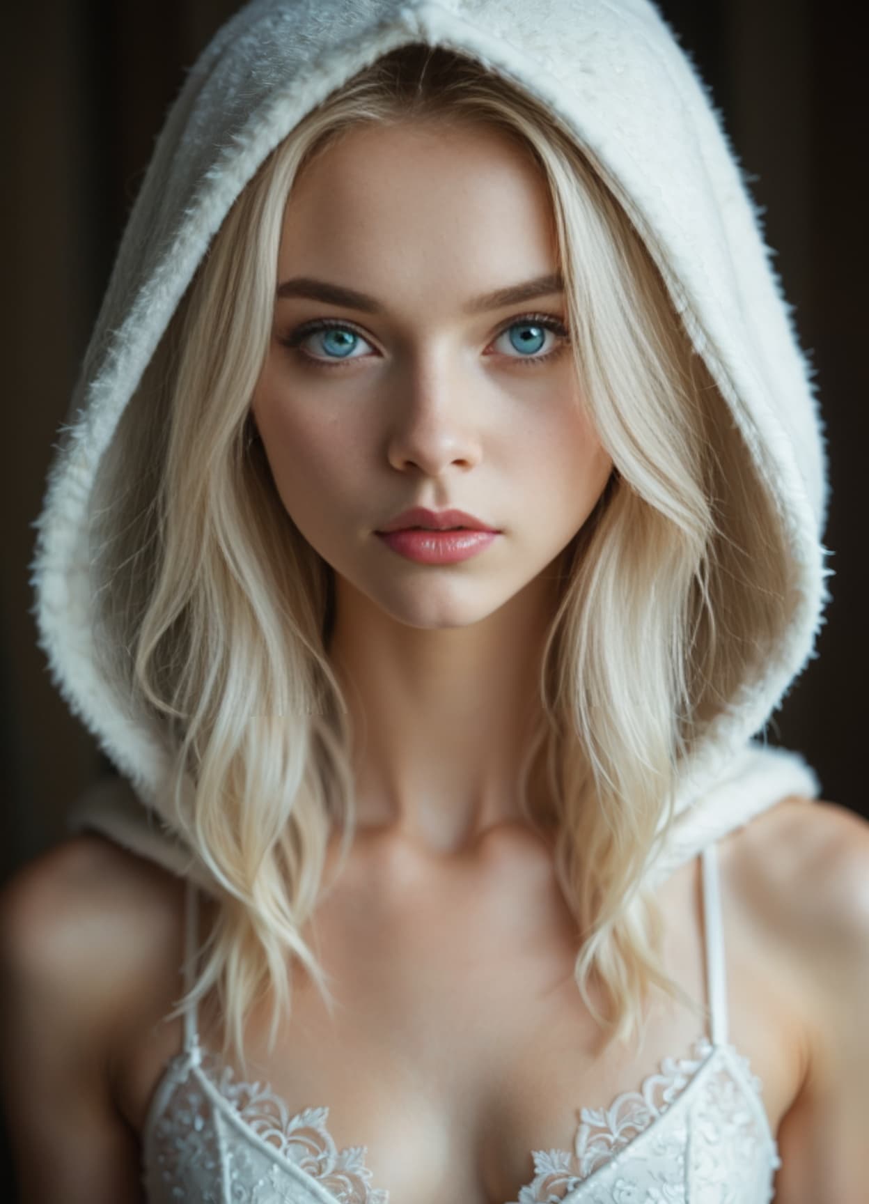 Platinum blonde in fuzzy hoodie