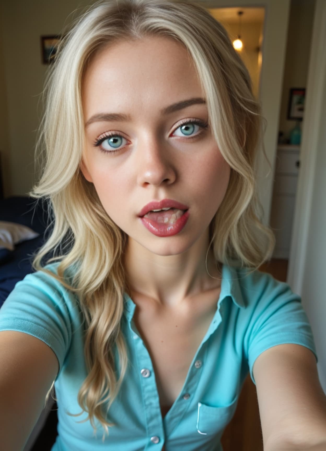 Playful tongue out selfie in bedroom