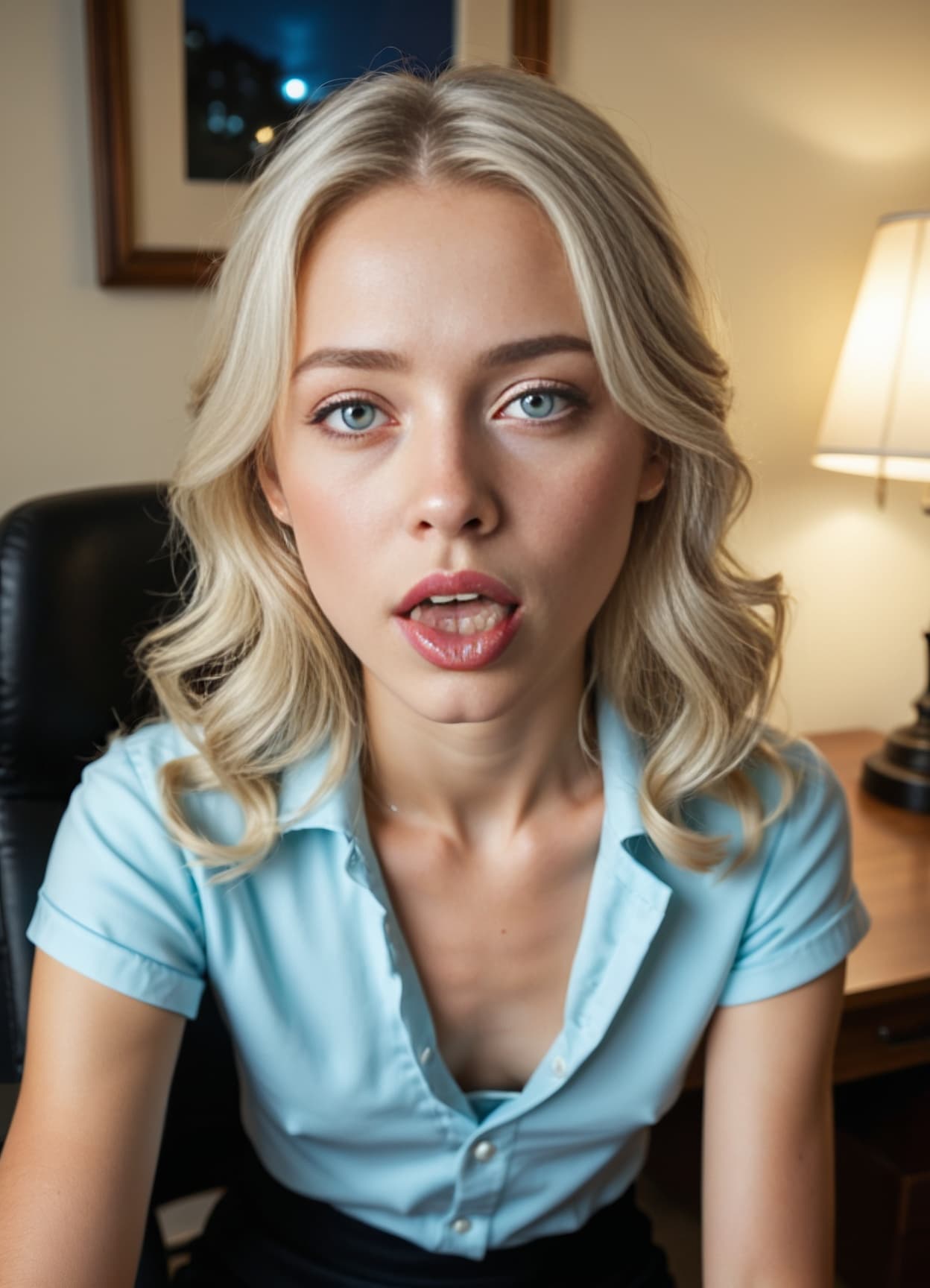 Office blouse open, tongue out