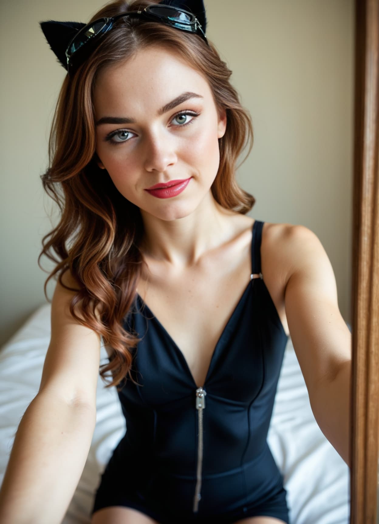 Brunette in black bodysuit selfie