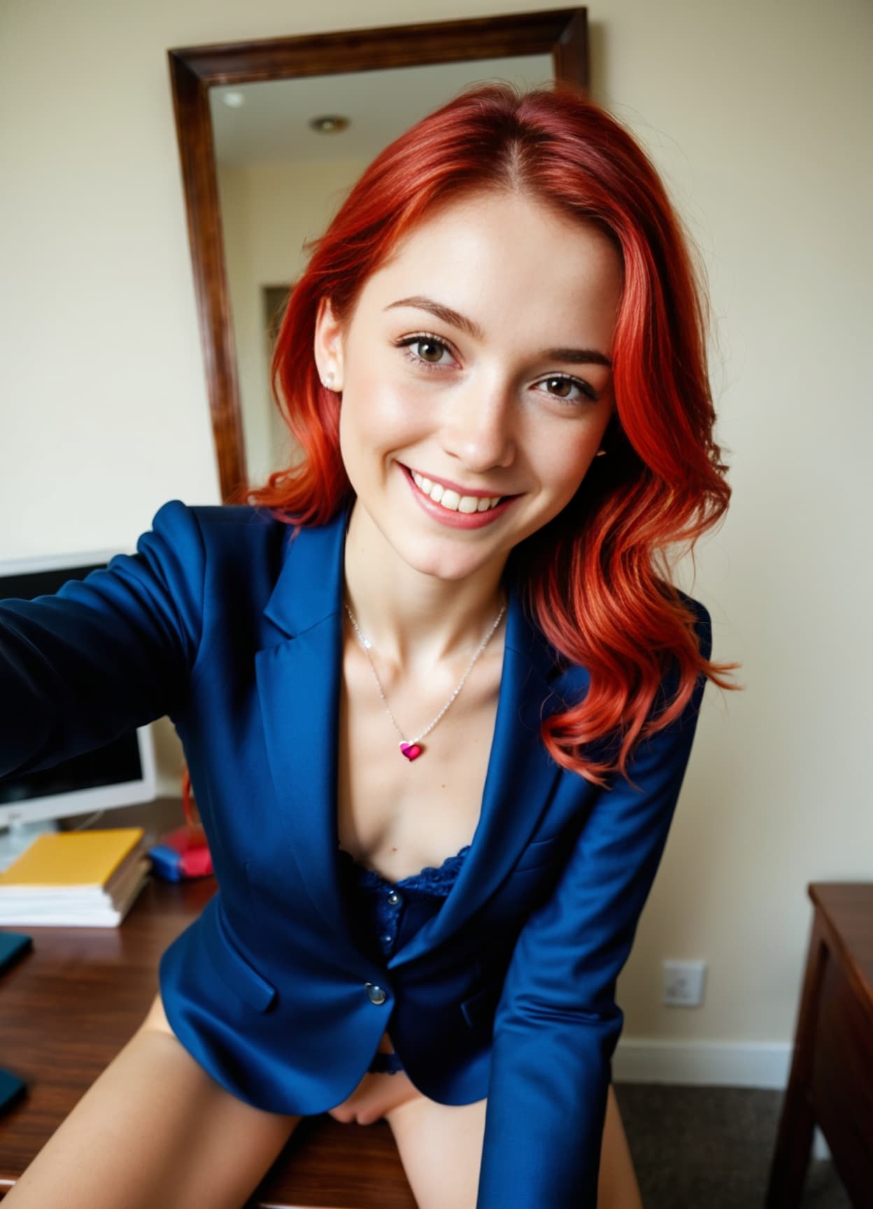 Curvy redhead blazer selfie