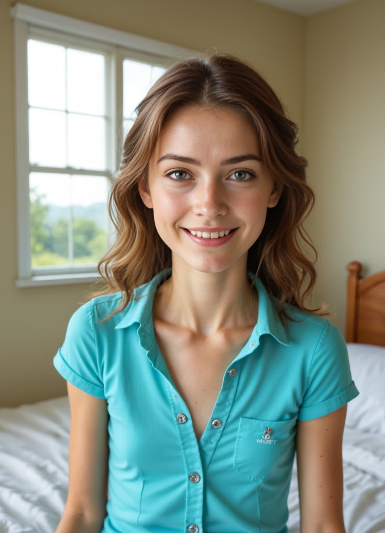 Brunette in turquoise shirt bedroom close-up