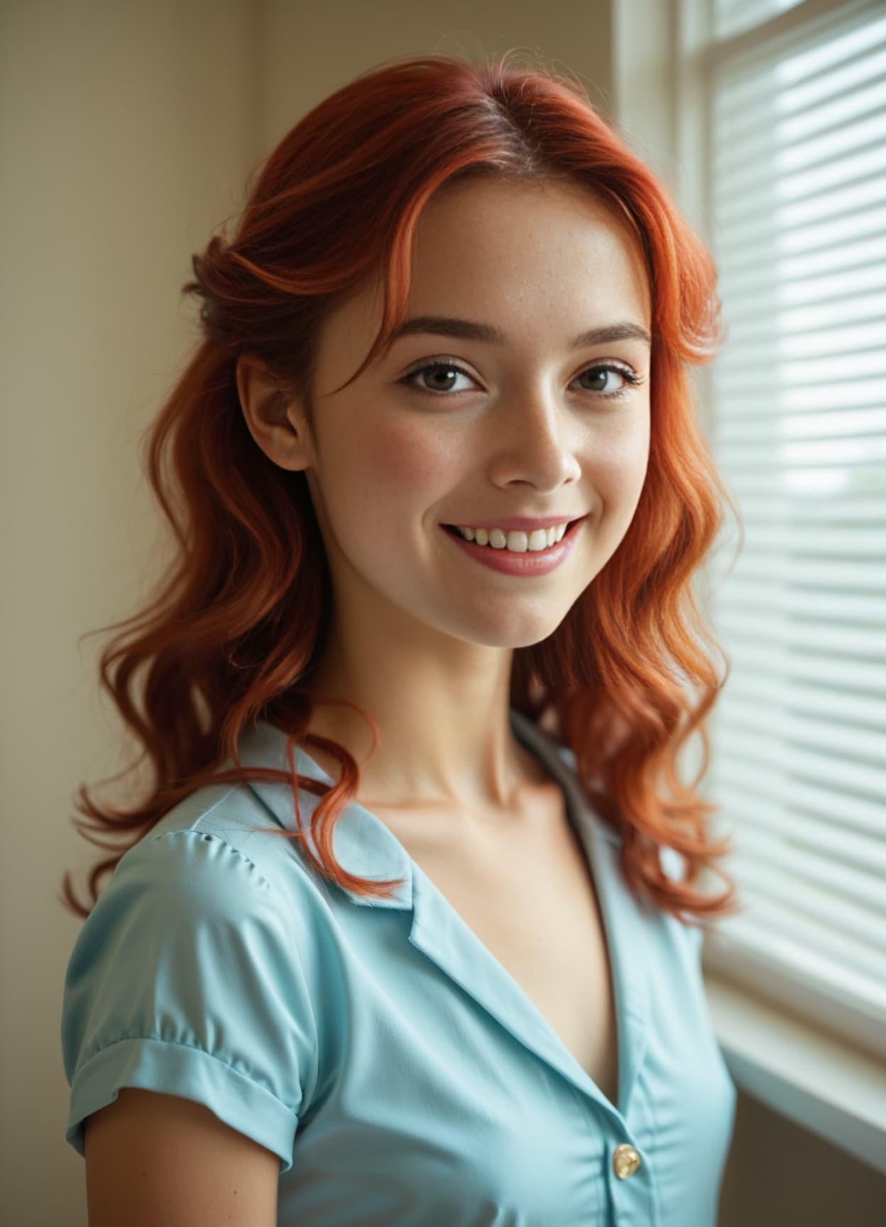 Schoolgirl blouse open in dorm