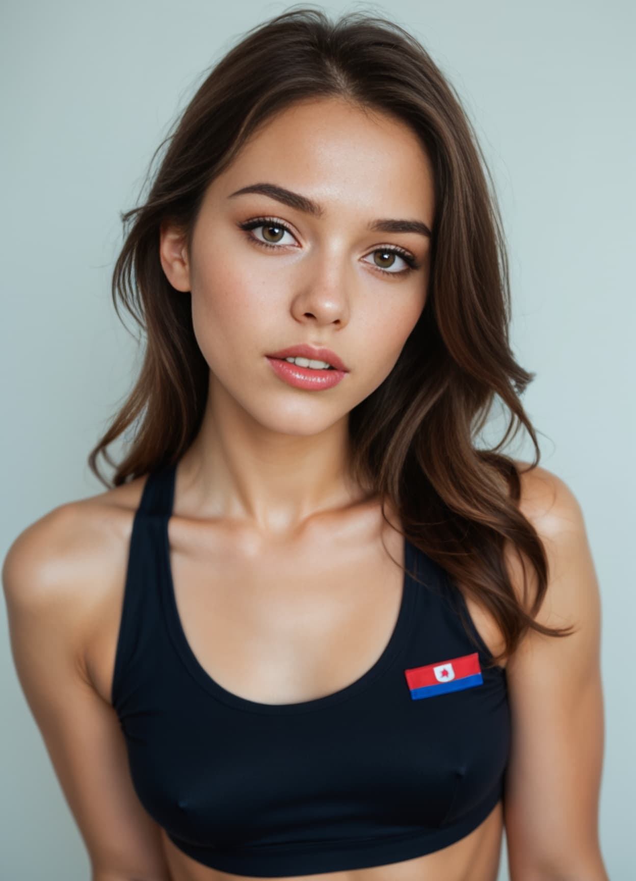 Brunette in sports bra eye contact