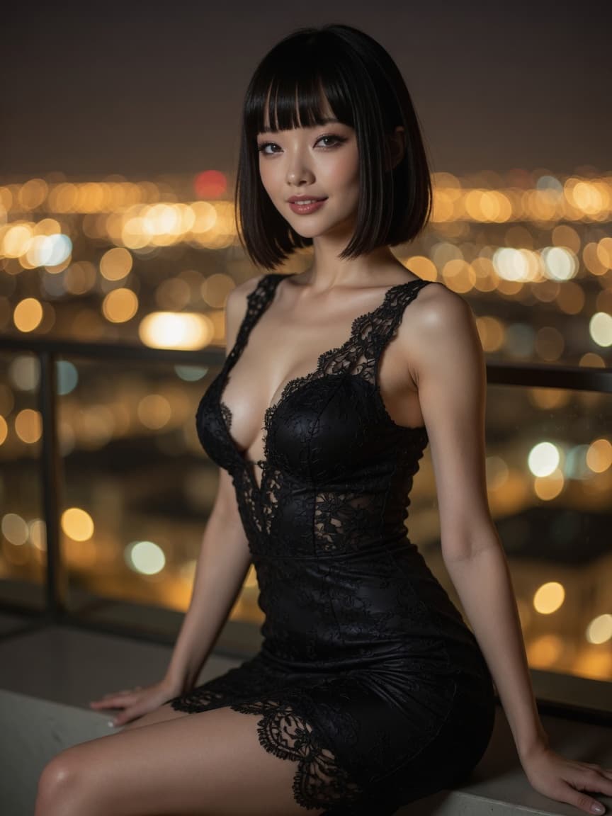 Aiko Nakamura in Cocktail Dress Under City Lights