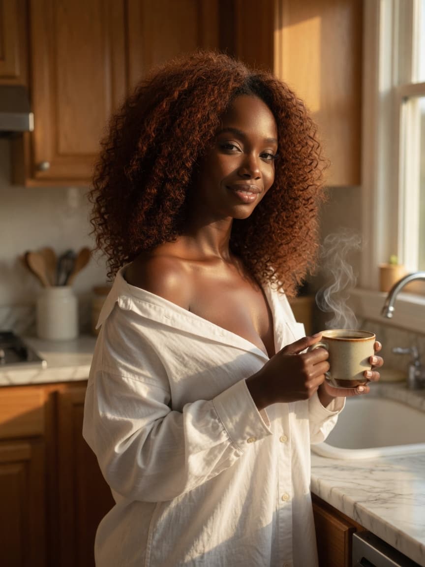 Curvy redhead coffee in kitchen