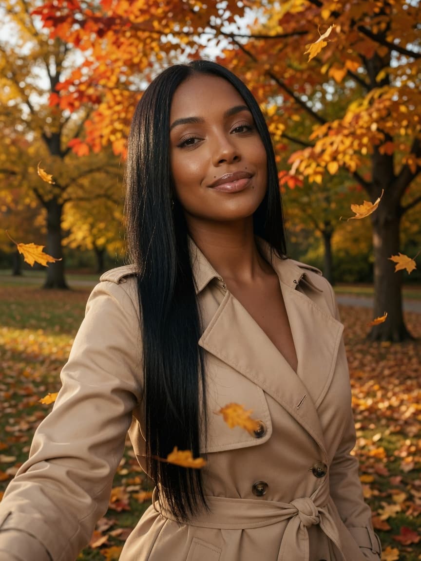Autumn park in open trench coat