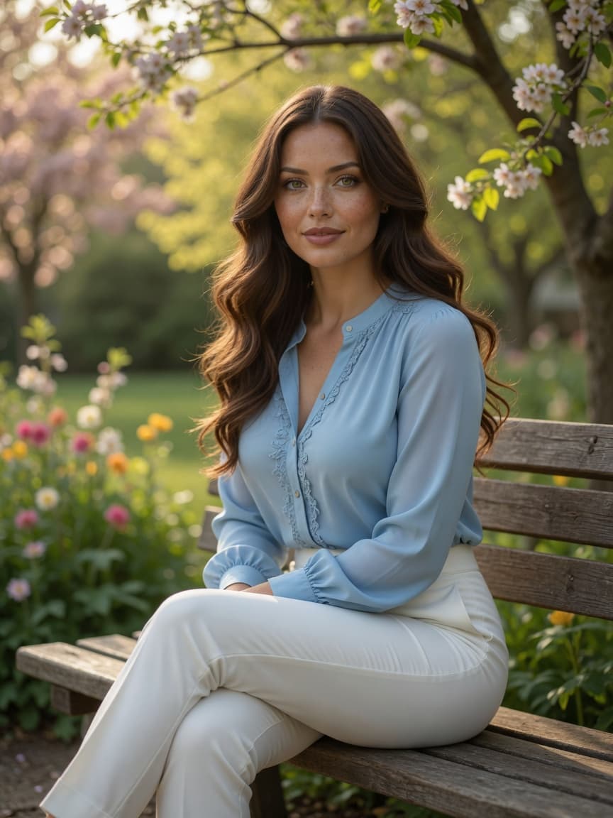 Brunette in blue blouse park bench