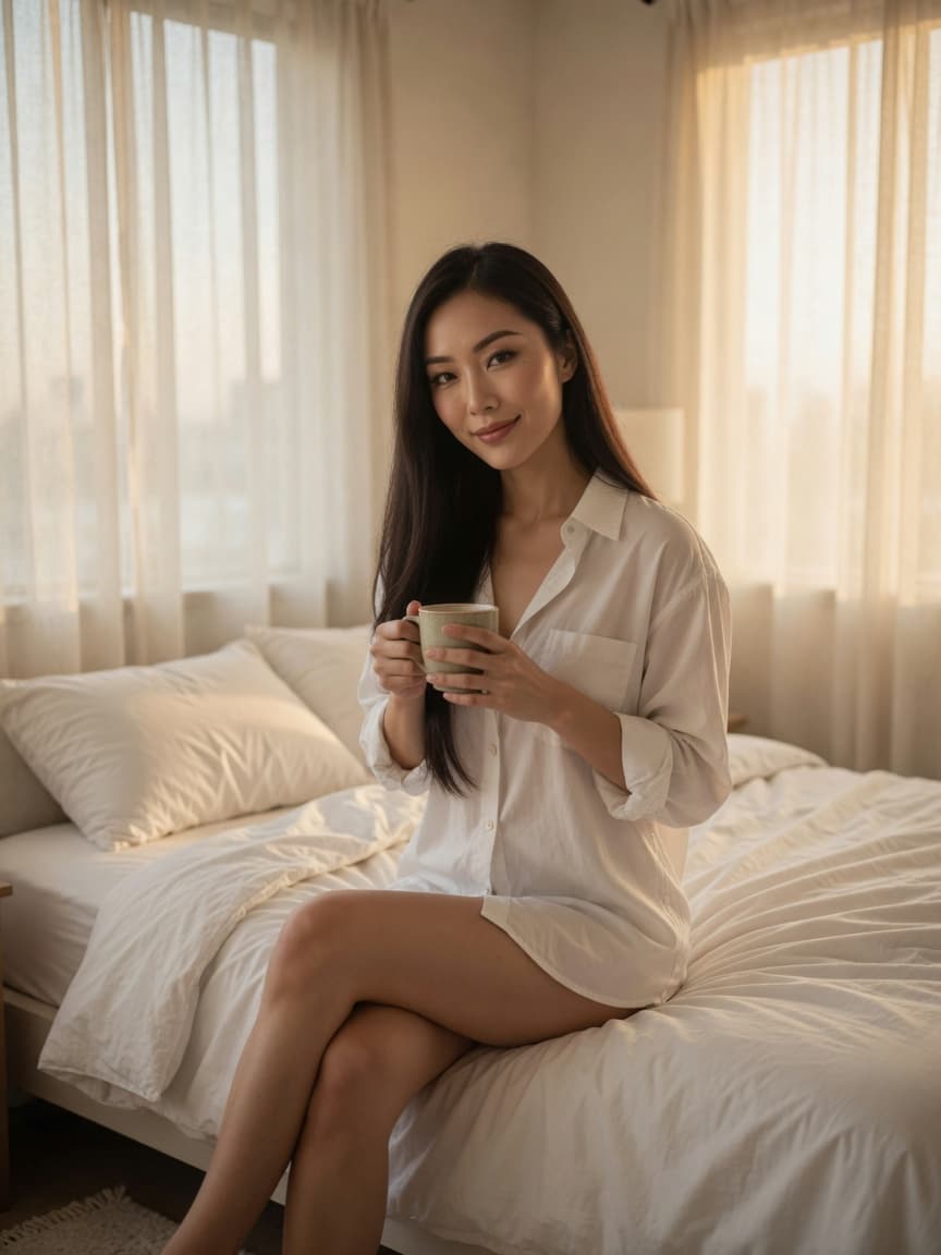 Young adult brunette morning coffee