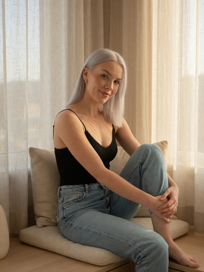 Blonde in black ribbed top by window