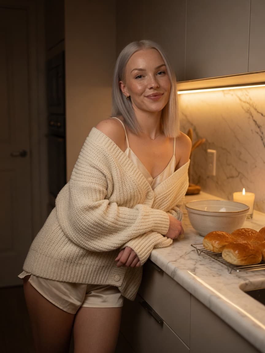 Blonde in kitchen cardigan leaning back