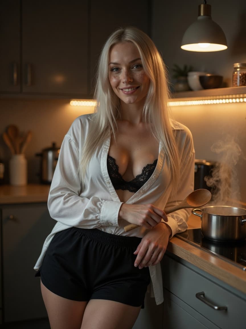 Blonde in kitchen with wooden spoon