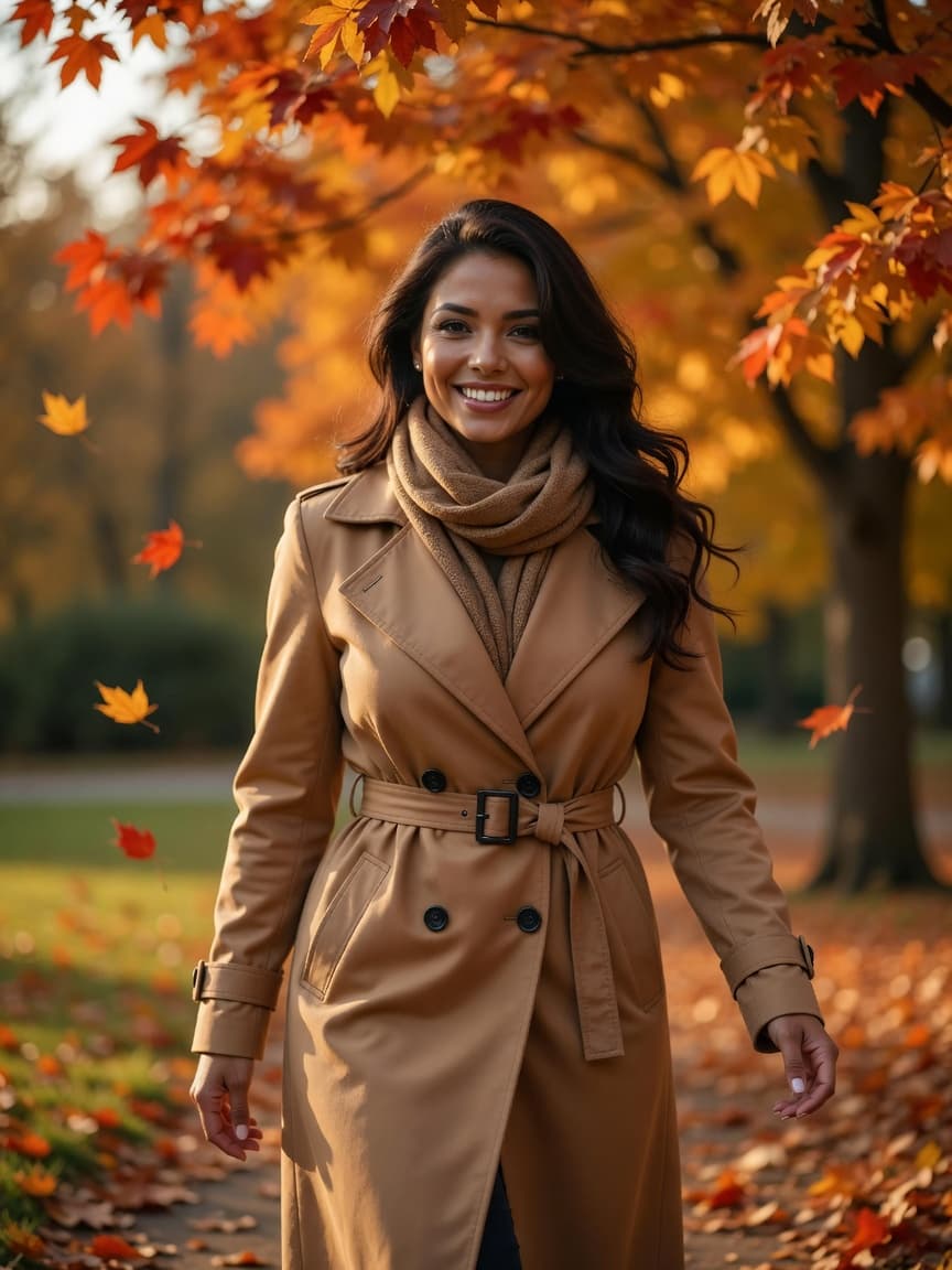 Autumn park candid smile in trench coat