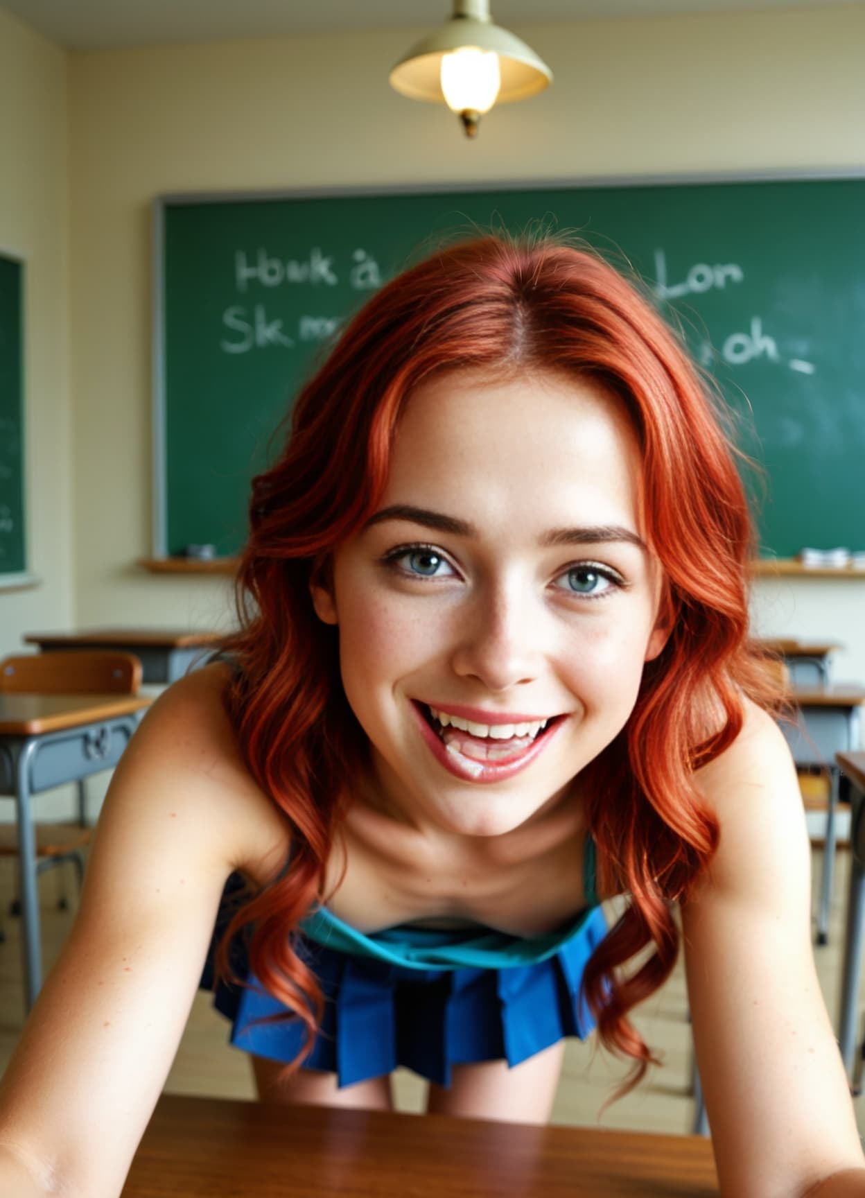 Schoolgirl top tease over desk