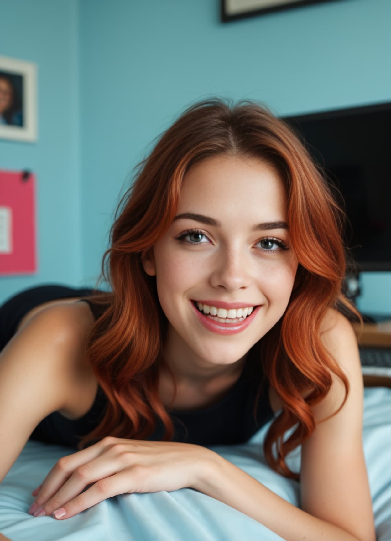 Curvy redhead cleavage on bed