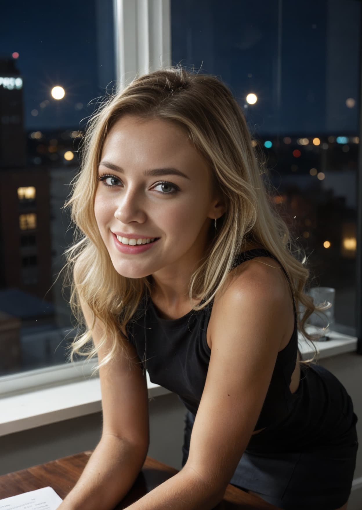 Blonde in black dress office close-up