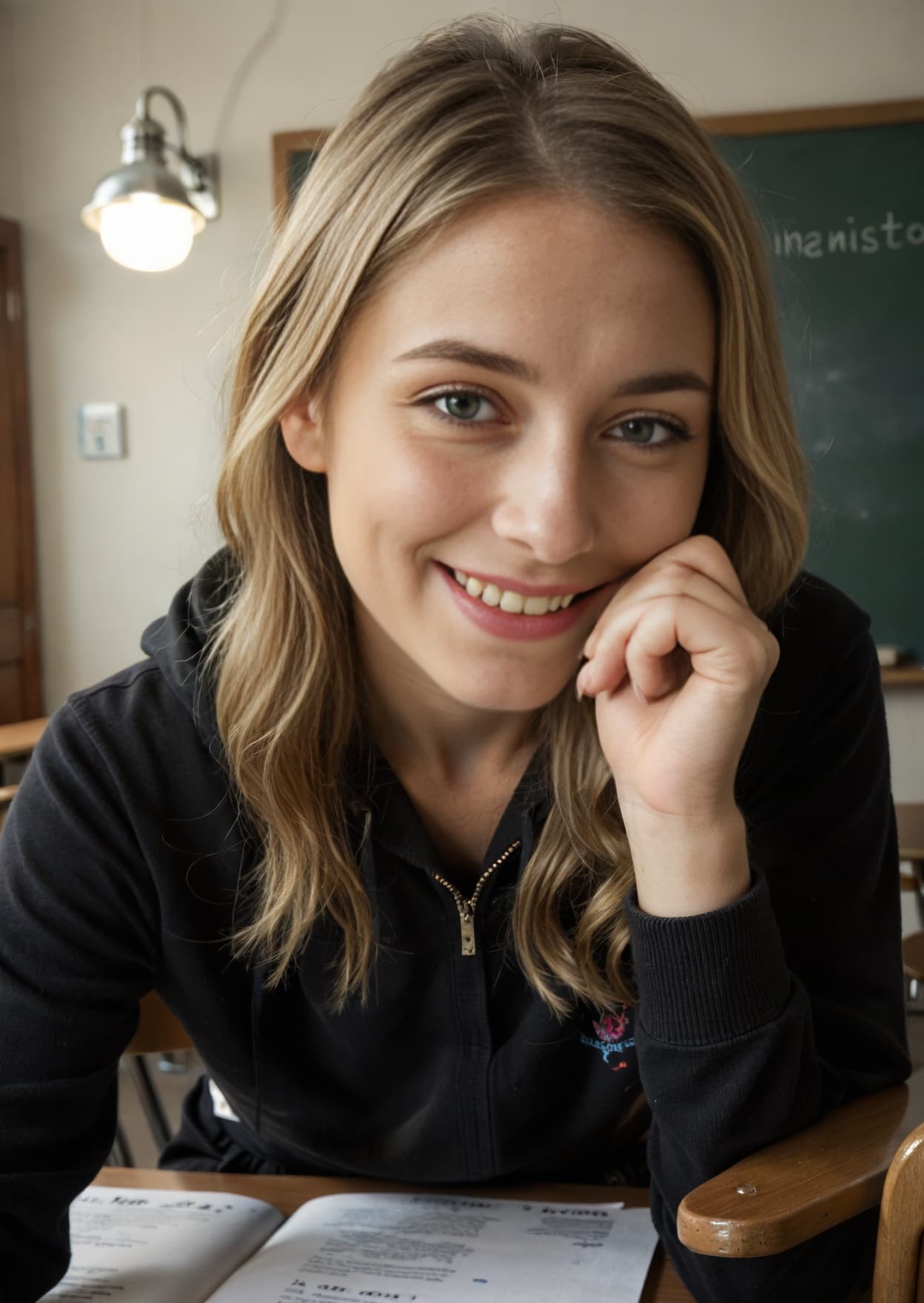 Blonde in classroom hoodie
