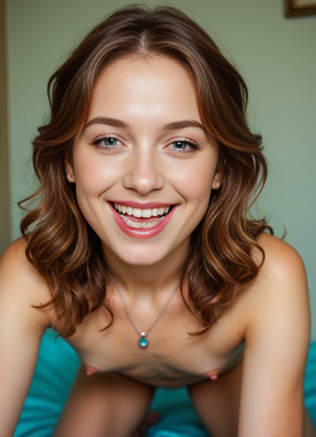Topless brunette close-up smile