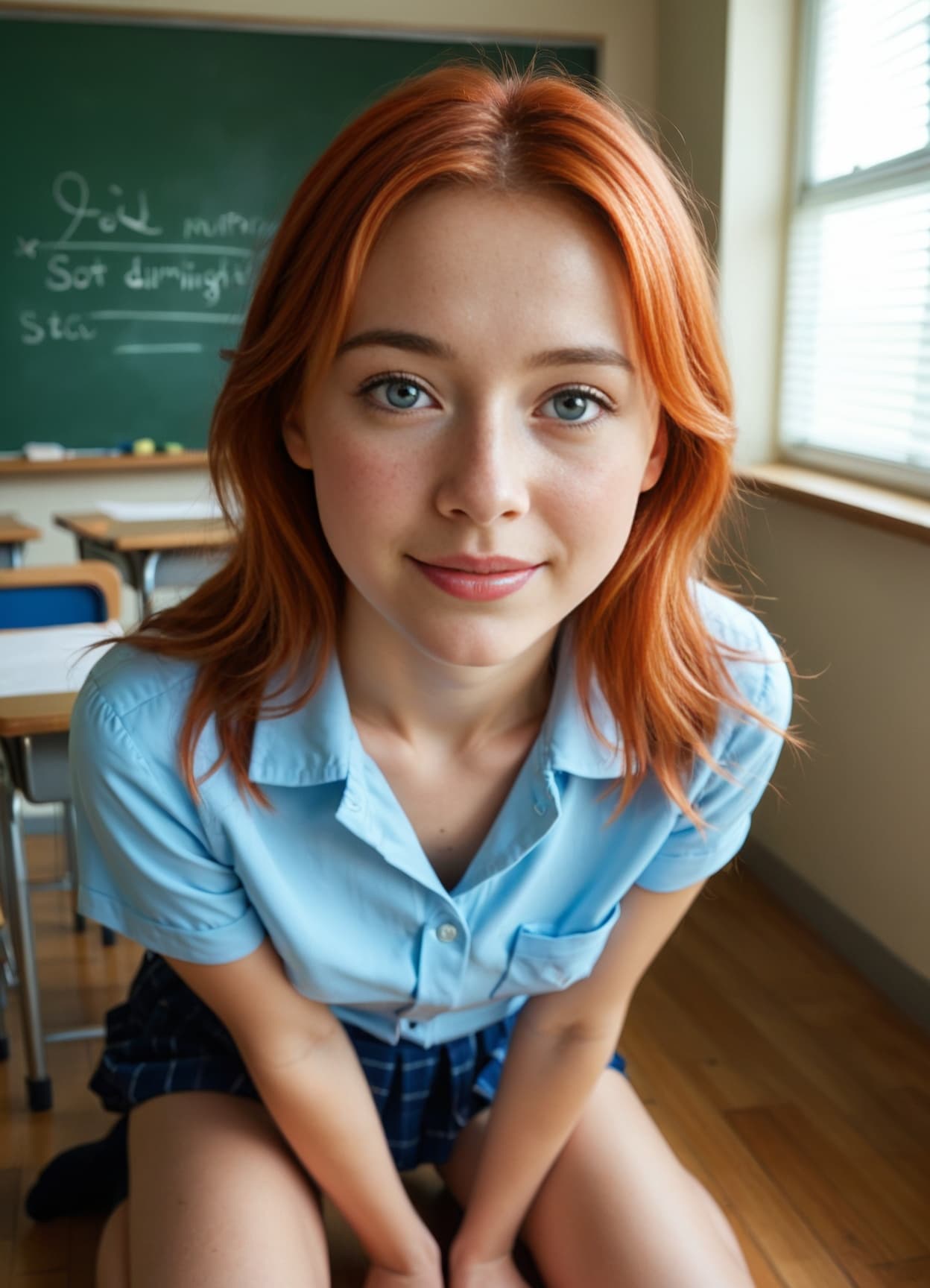 College redhead kneeling in classroom