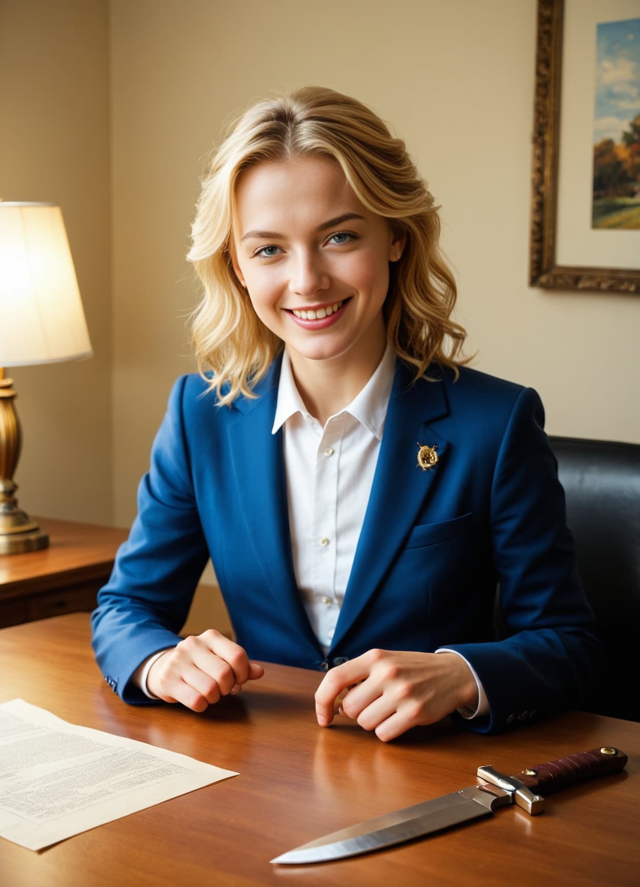 Honey blonde blazer tease at desk