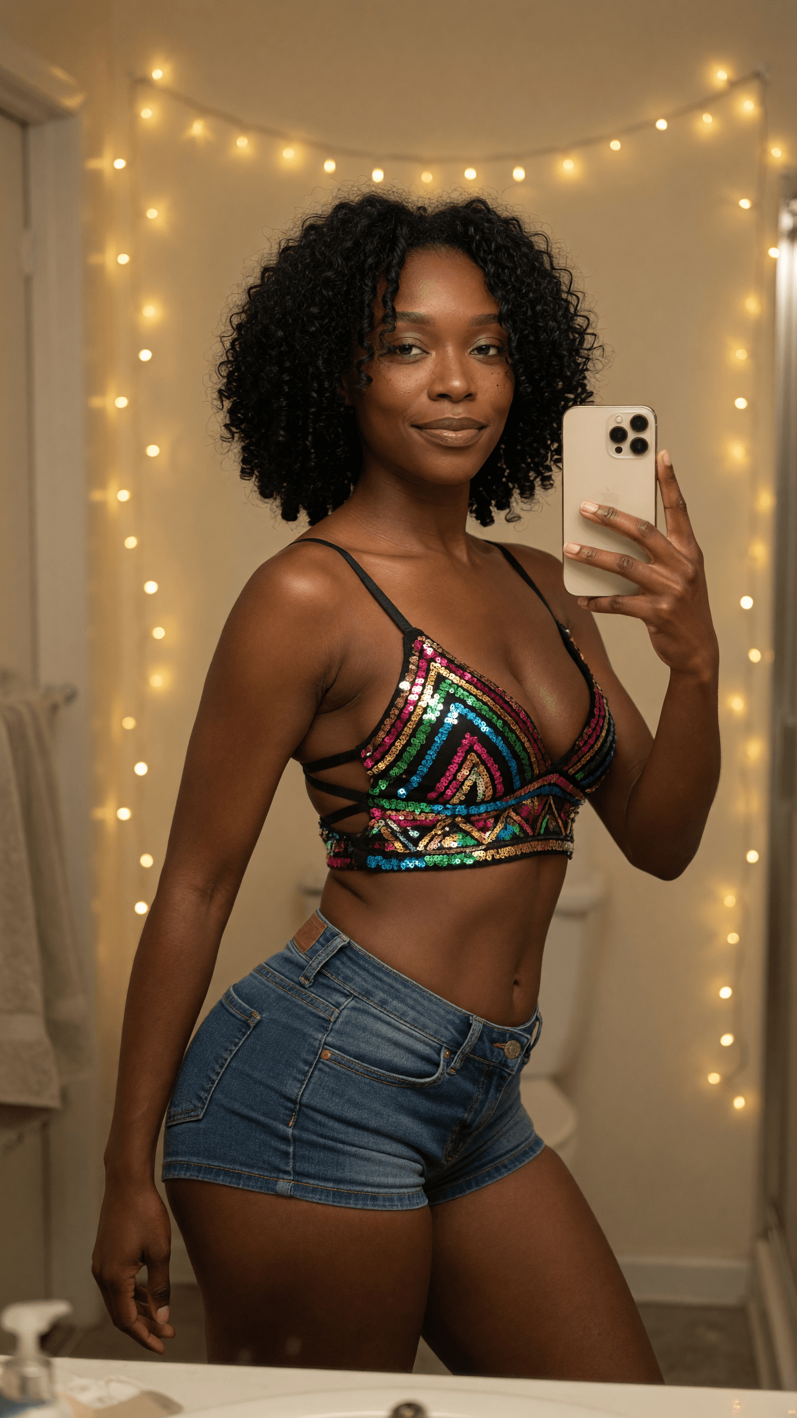 Bathroom mirror selfie in crop top