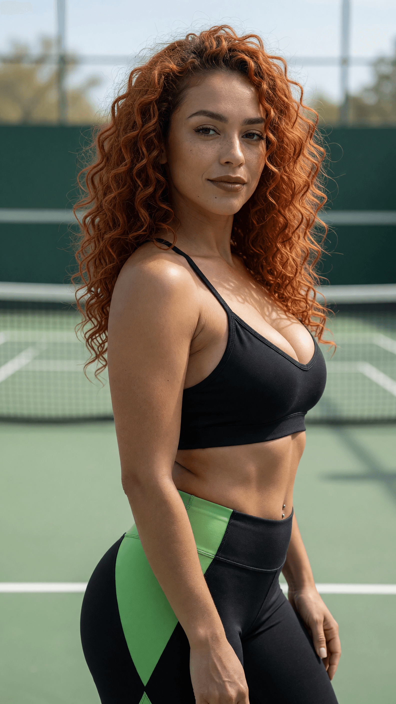 Redhead in sports bra on court