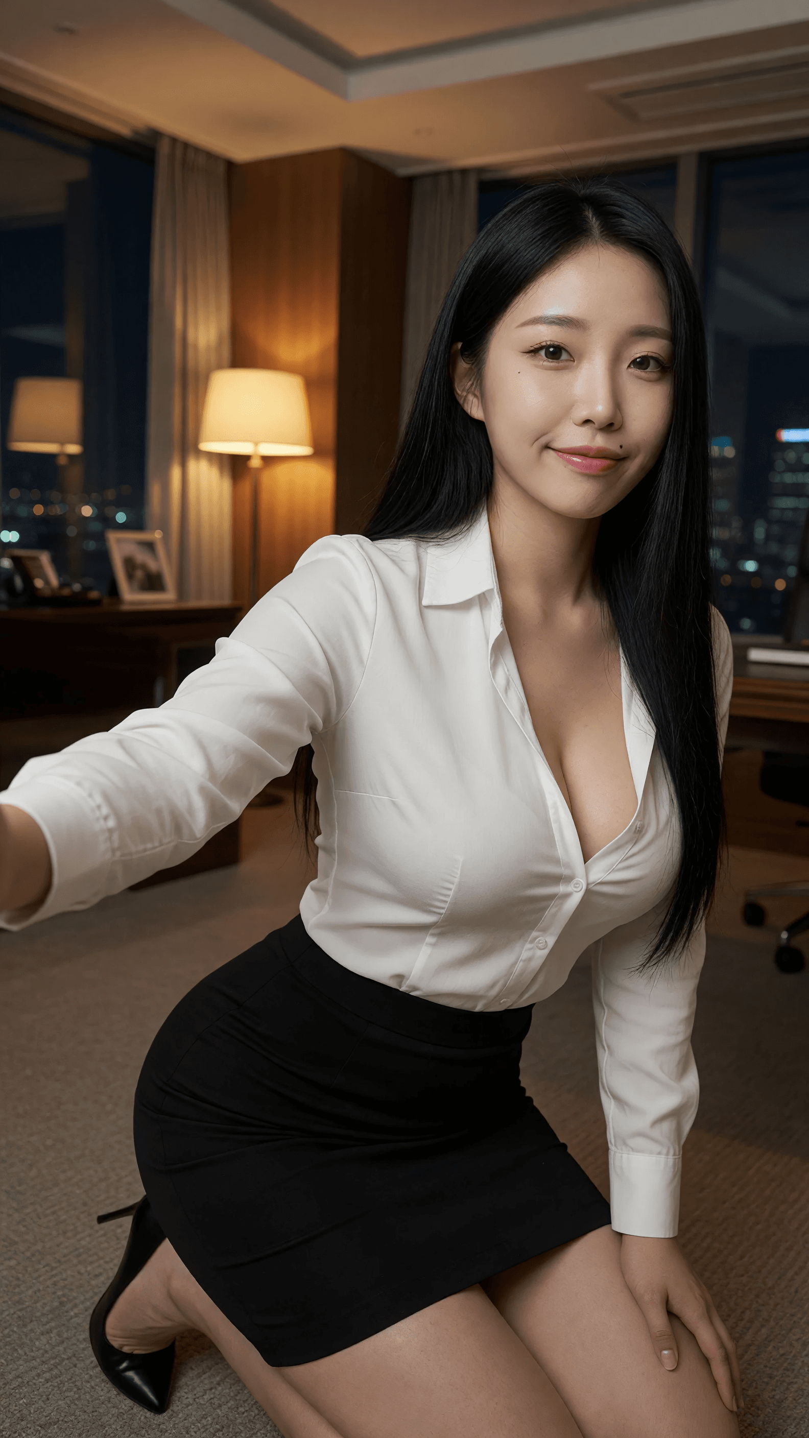 Kneeling office selfie at night