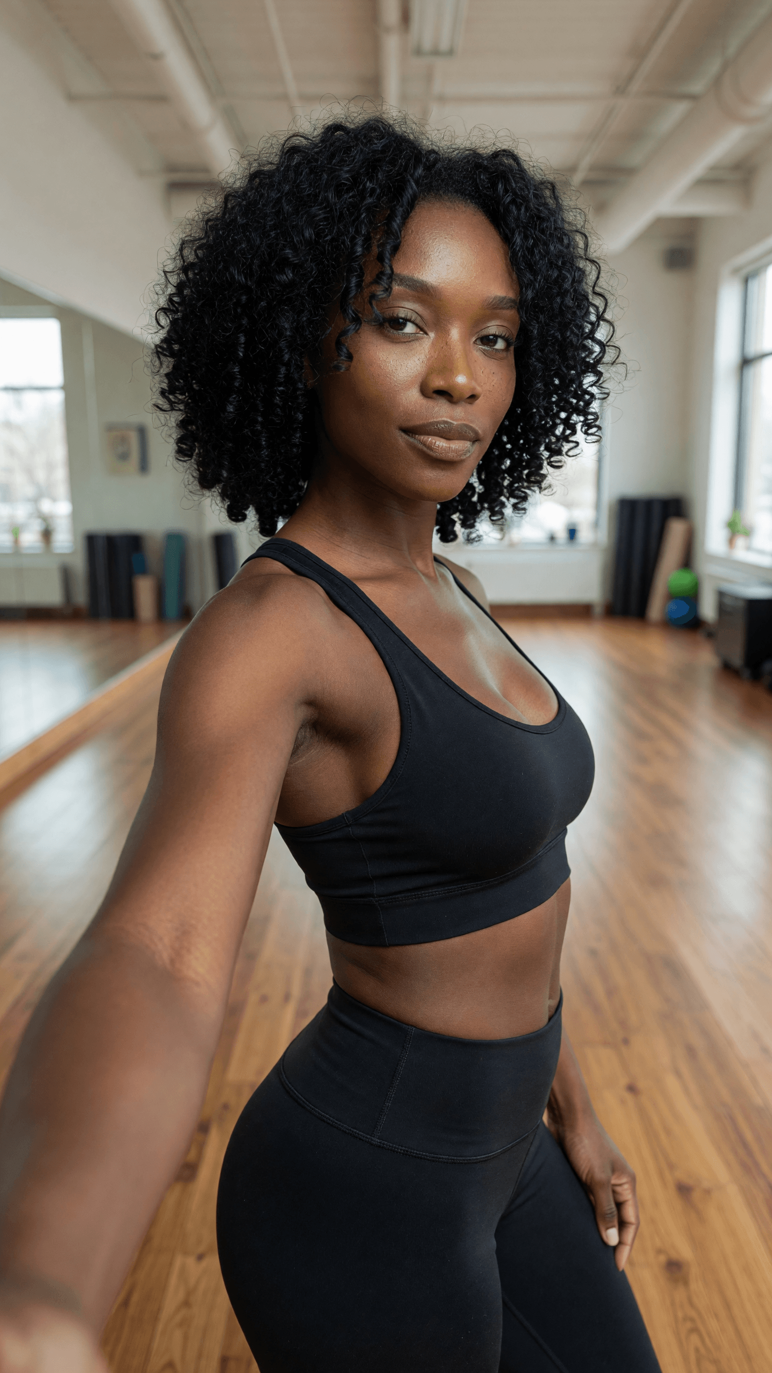 Curvy athletic body in yoga studio