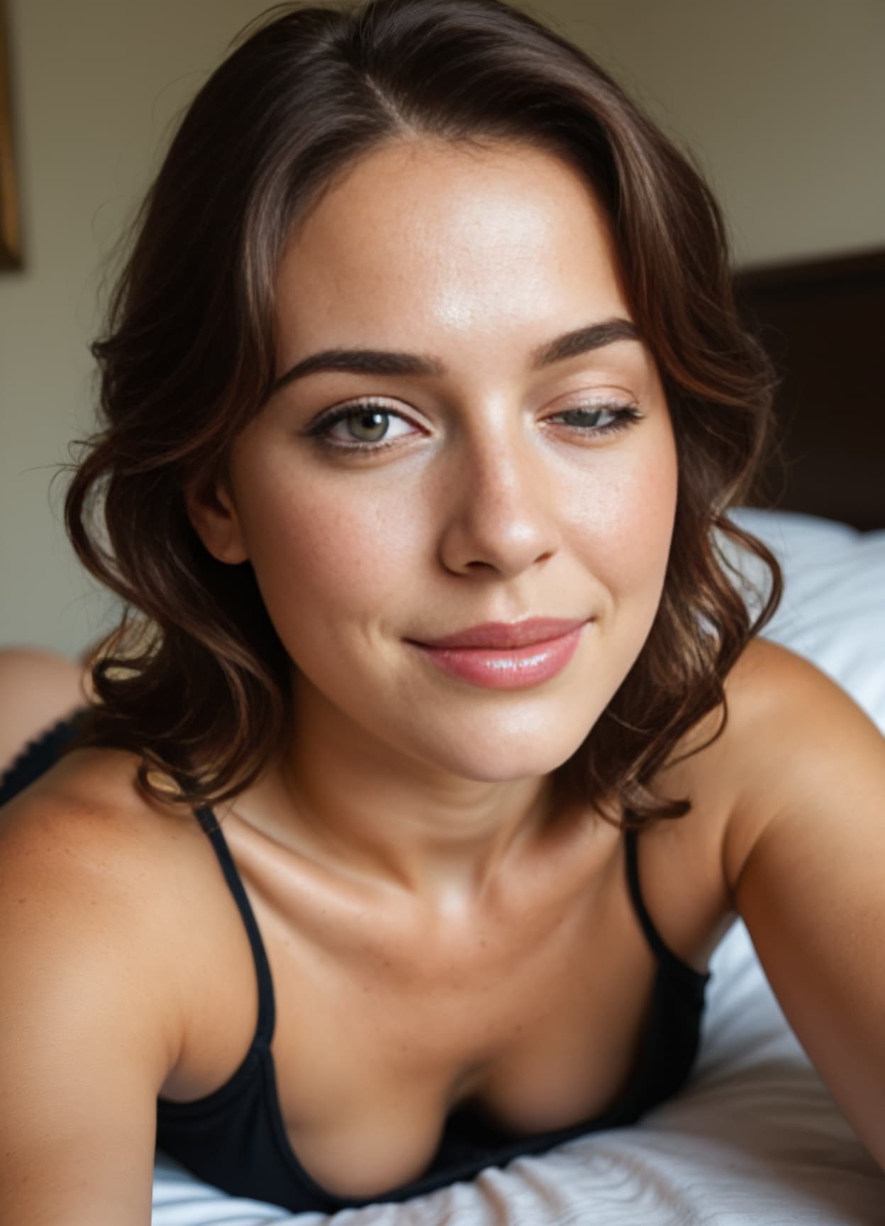 Lingerie selfie on rumpled bed
