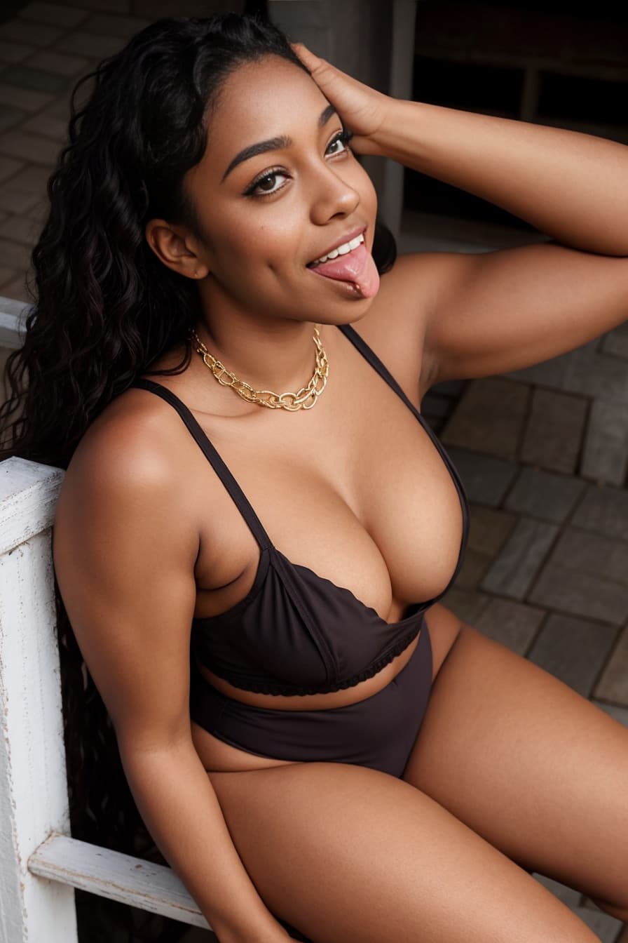 Young adult ebony balcony tease